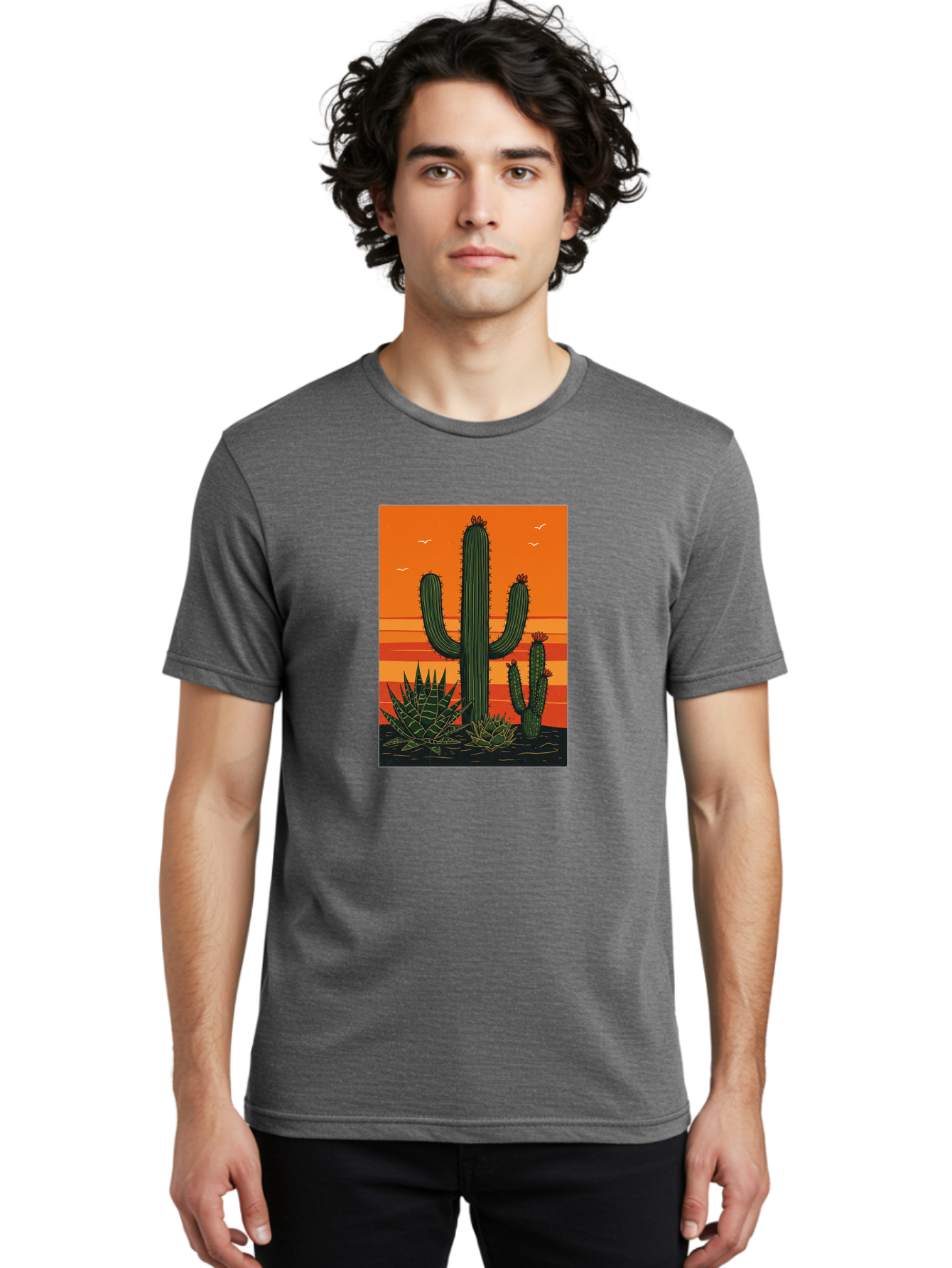 Cactus-Sunset-1 Men'S Graphic Tee, 100% Cotton, Comfortable Casual Summer Wear, Machine Washable, Cactus And Agave Plants, Desert Landscape, Vibrant Sunset, Orange And Yellow Hues, Natural Beauty, Outdoor Scenery, Peaceful Atmosphere, Bac756