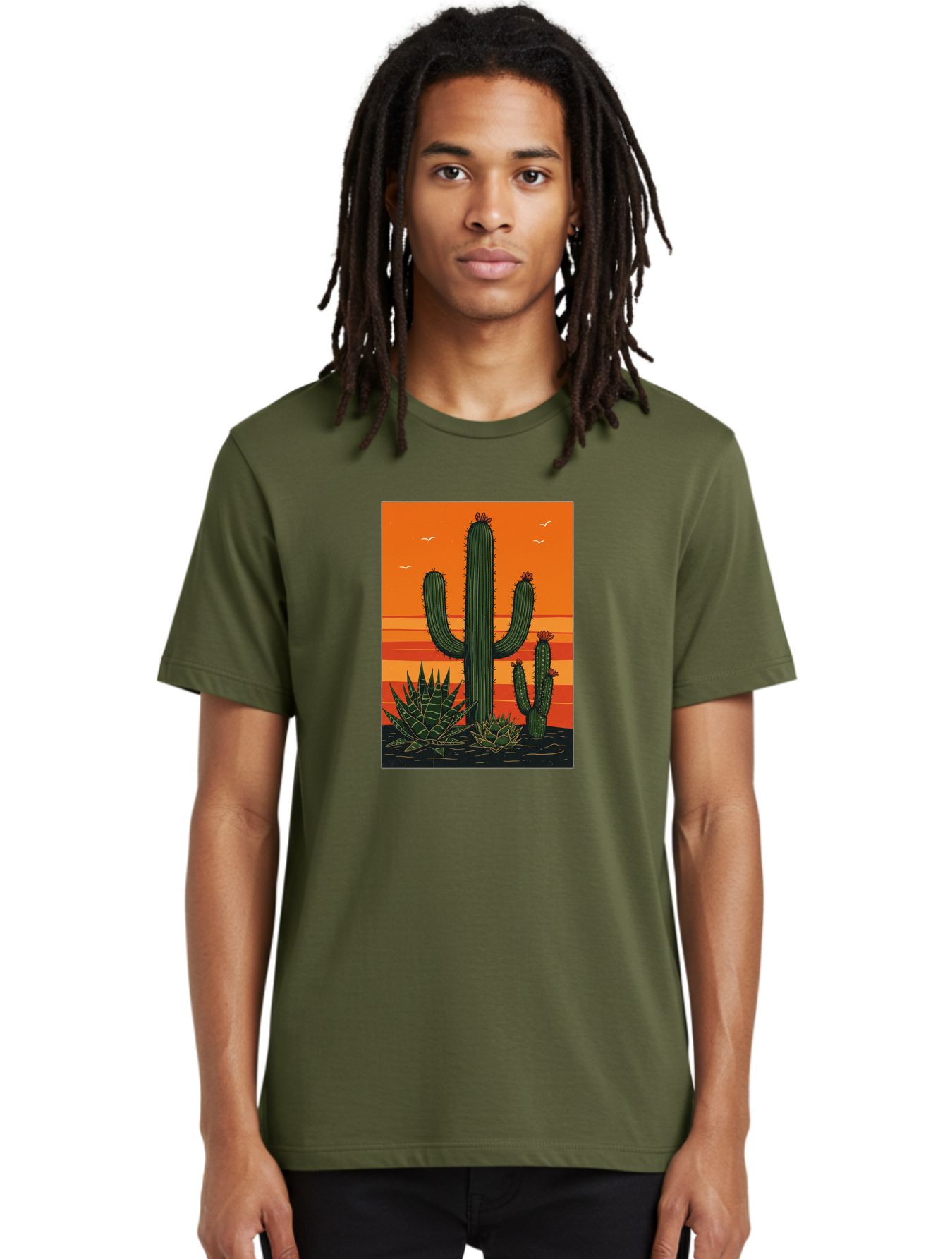 Cactus-Sunset-1 Men'S Graphic Tee, 100% Cotton, Comfortable Casual Summer Wear, Machine Washable, Cactus And Agave Plants, Desert Landscape, Vibrant Sunset, Orange And Yellow Hues, Natural Beauty, Outdoor Scenery, Peaceful Atmosphere, Bac756