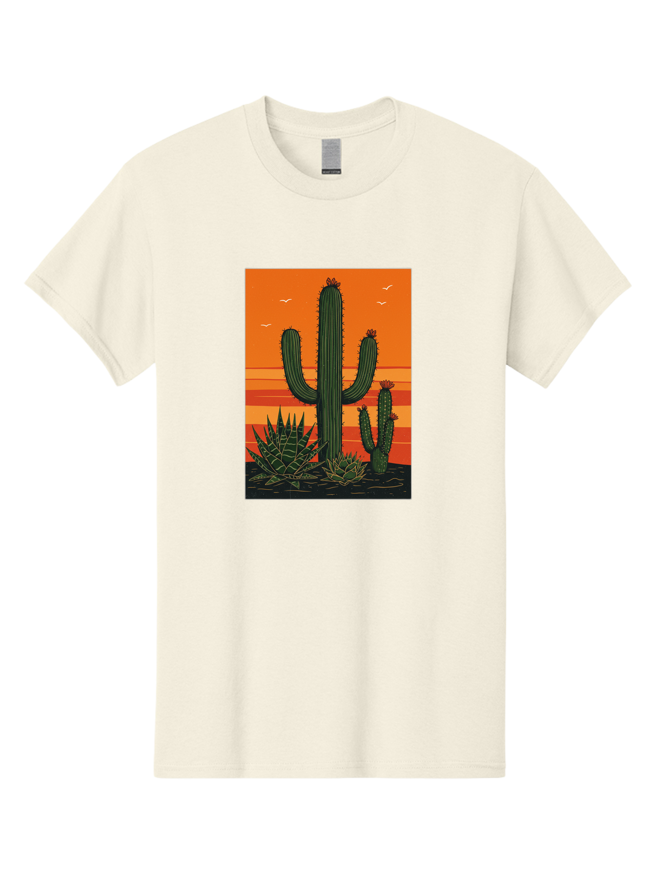 Cactus-Sunset-1 Men'S Graphic Tee, 100% Cotton, Comfortable Casual Summer Wear, Machine Washable, Cactus And Agave Plants, Desert Landscape, Vibrant Sunset, Orange And Yellow Hues, Natural Beauty, Outdoor Scenery, Peaceful Atmosphere, Bac756