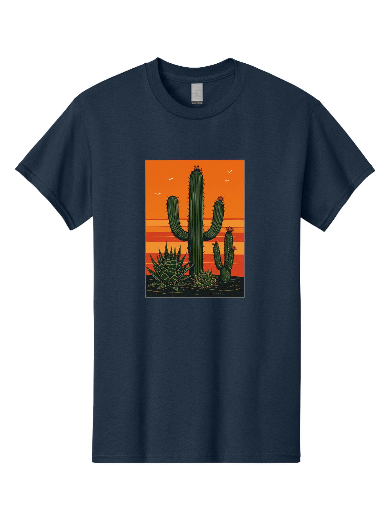 Cactus-Sunset-1 Men'S Graphic Tee, 100% Cotton, Comfortable Casual Summer Wear, Machine Washable, Cactus And Agave Plants, Desert Landscape, Vibrant Sunset, Orange And Yellow Hues, Natural Beauty, Outdoor Scenery, Peaceful Atmosphere, Bac756