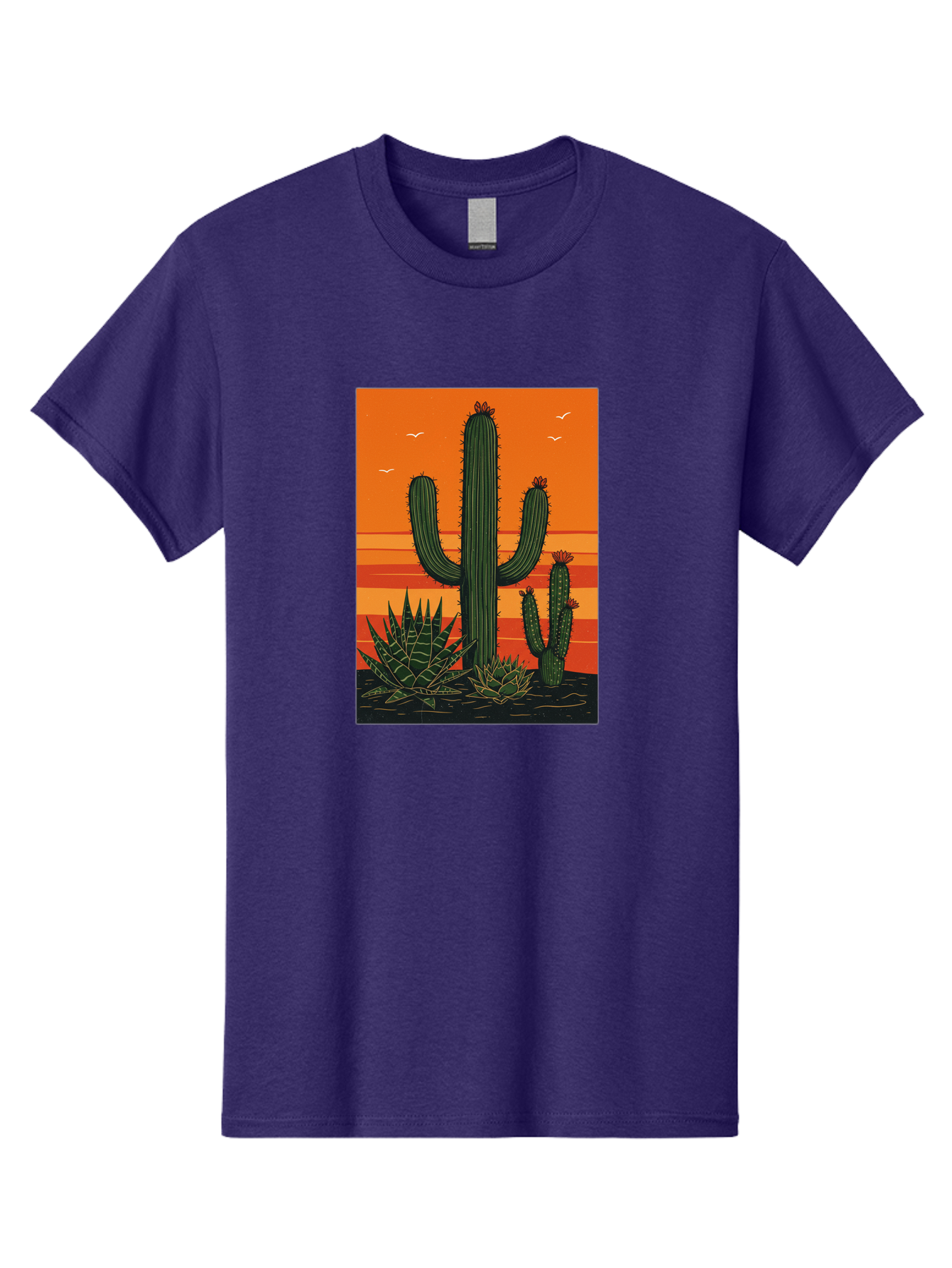 Cactus-Sunset-1 Men'S Graphic Tee, 100% Cotton, Comfortable Casual Summer Wear, Machine Washable, Cactus And Agave Plants, Desert Landscape, Vibrant Sunset, Orange And Yellow Hues, Natural Beauty, Outdoor Scenery, Peaceful Atmosphere, Bac756