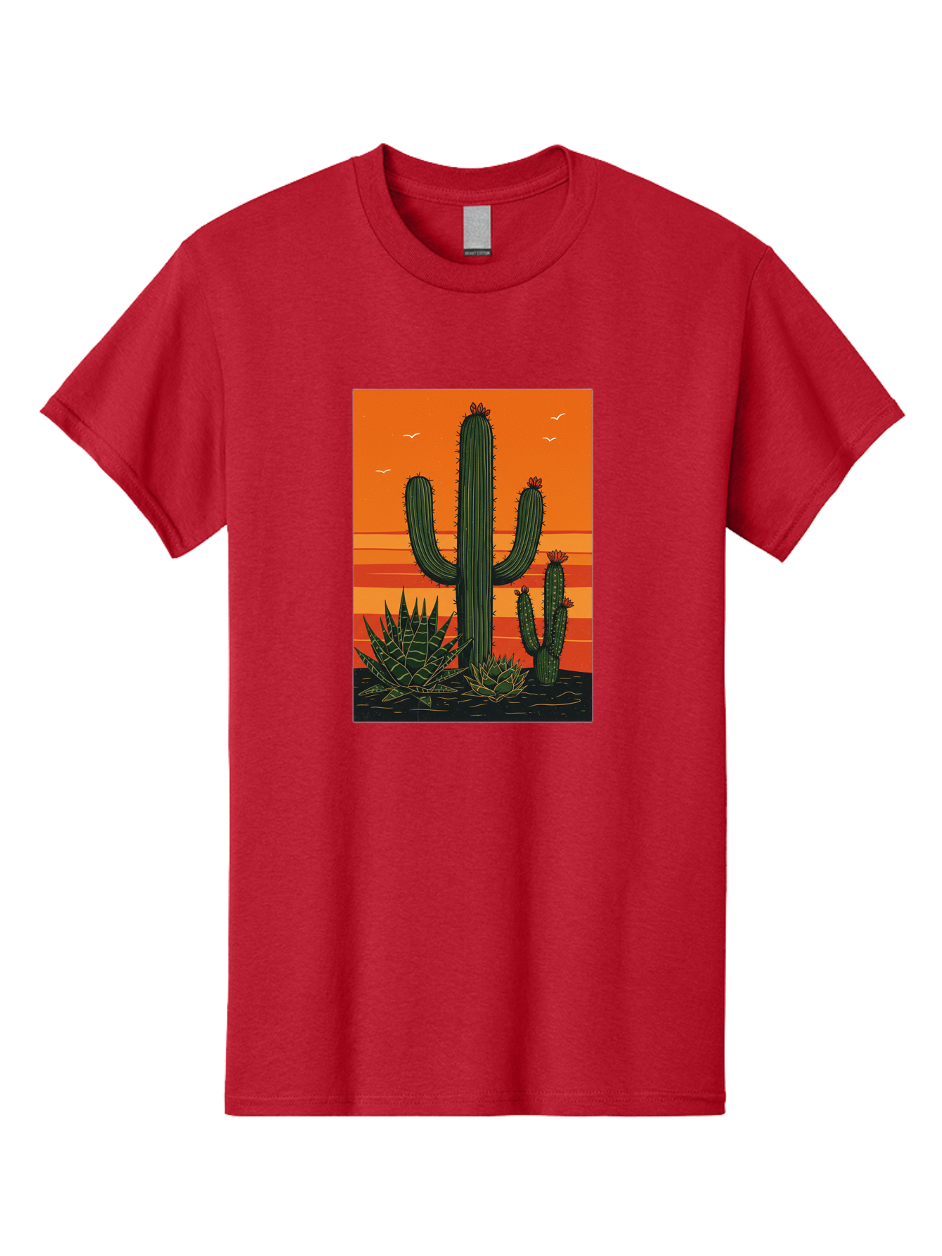Cactus-Sunset-1 Men'S Graphic Tee, 100% Cotton, Comfortable Casual Summer Wear, Machine Washable, Cactus And Agave Plants, Desert Landscape, Vibrant Sunset, Orange And Yellow Hues, Natural Beauty, Outdoor Scenery, Peaceful Atmosphere, Bac756