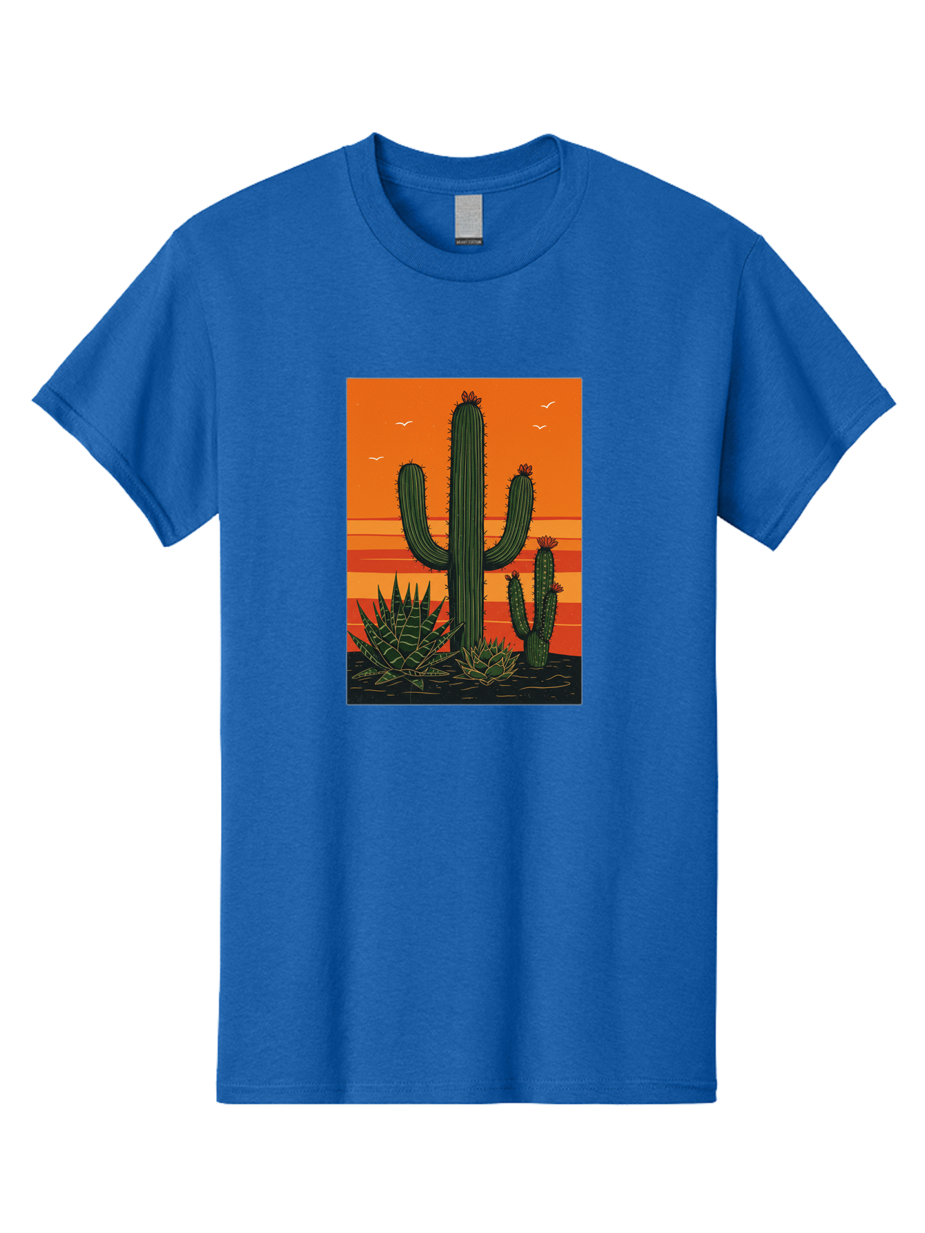 Cactus-Sunset-1 Men'S Graphic Tee, 100% Cotton, Comfortable Casual Summer Wear, Machine Washable, Cactus And Agave Plants, Desert Landscape, Vibrant Sunset, Orange And Yellow Hues, Natural Beauty, Outdoor Scenery, Peaceful Atmosphere, Bac756