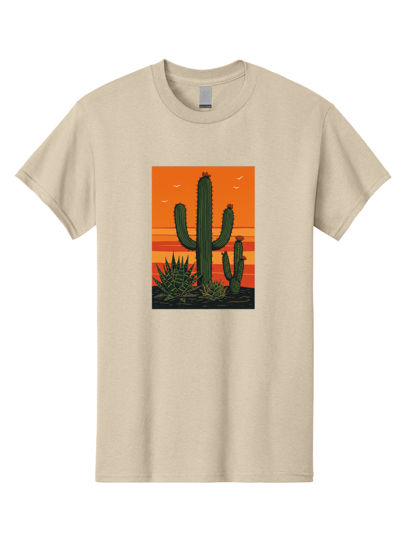 Cactus-Sunset-1 Men'S Graphic Tee, 100% Cotton, Comfortable Casual Summer Wear, Machine Washable, Cactus And Agave Plants, Desert Landscape, Vibrant Sunset, Orange And Yellow Hues, Natural Beauty, Outdoor Scenery, Peaceful Atmosphere, Bac756