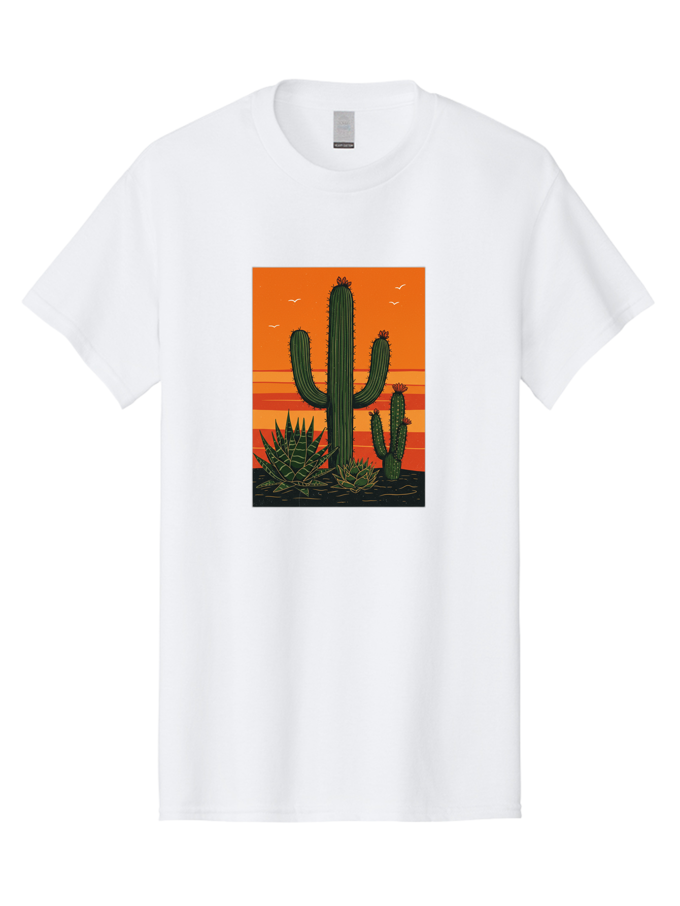 Cactus-Sunset-1 Men'S Graphic Tee, 100% Cotton, Comfortable Casual Summer Wear, Machine Washable, Cactus And Agave Plants, Desert Landscape, Vibrant Sunset, Orange And Yellow Hues, Natural Beauty, Outdoor Scenery, Peaceful Atmosphere, Bac756