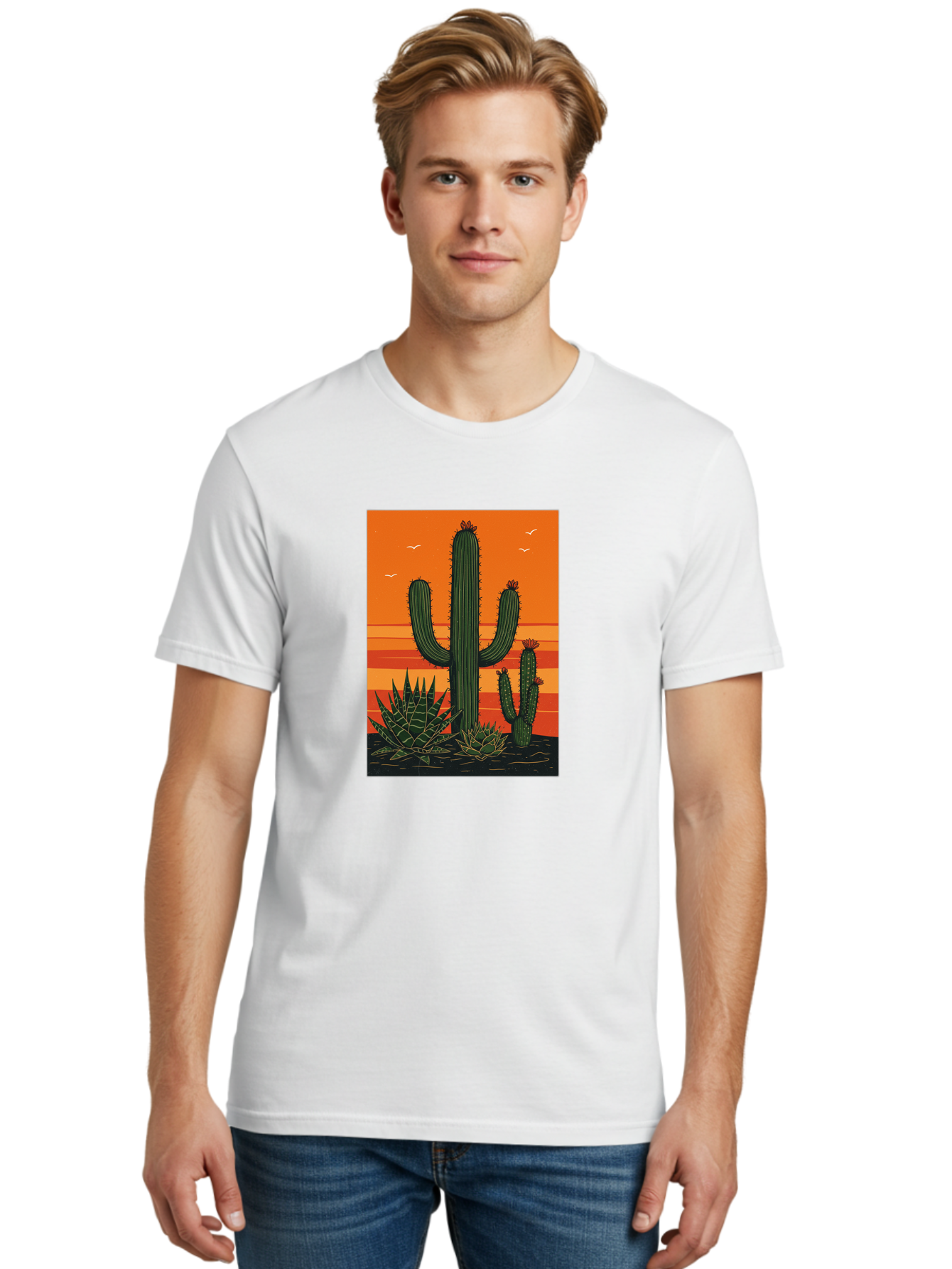 Cactus-Sunset-1 Men'S Graphic Tee, 100% Cotton, Comfortable Casual Summer Wear, Machine Washable, Cactus And Agave Plants, Desert Landscape, Vibrant Sunset, Orange And Yellow Hues, Natural Beauty, Outdoor Scenery, Peaceful Atmosphere, Bac756