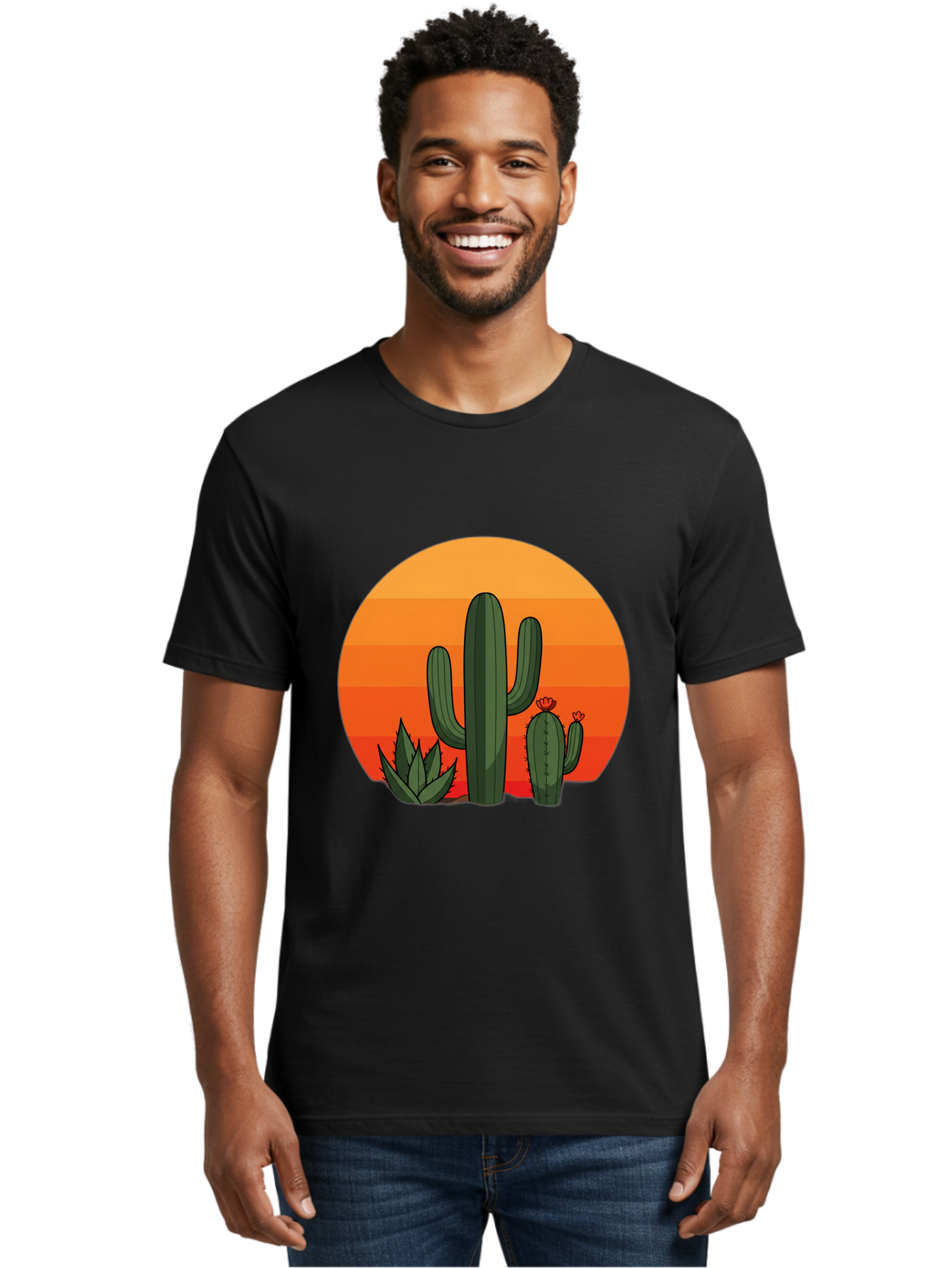 Cactus-Sunset Men'S Graphic Tee, 100% Cotton, Comfortable Casual Summer Wear, Machine Washable, Desert Landscape, Cacti And Succulents, Orange Sunset, Vibrant Colors, Desert Plants, Serene Atmosphere, Southwest Scenery, Natural Beauty Bac757