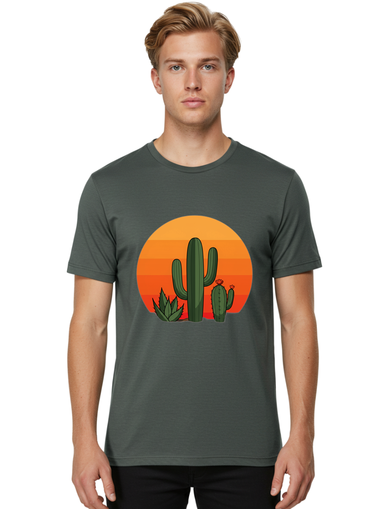 Cactus-Sunset Men'S Graphic Tee, 100% Cotton, Comfortable Casual Summer Wear, Machine Washable, Desert Landscape, Cacti And Succulents, Orange Sunset, Vibrant Colors, Desert Plants, Serene Atmosphere, Southwest Scenery, Natural Beauty Bac757