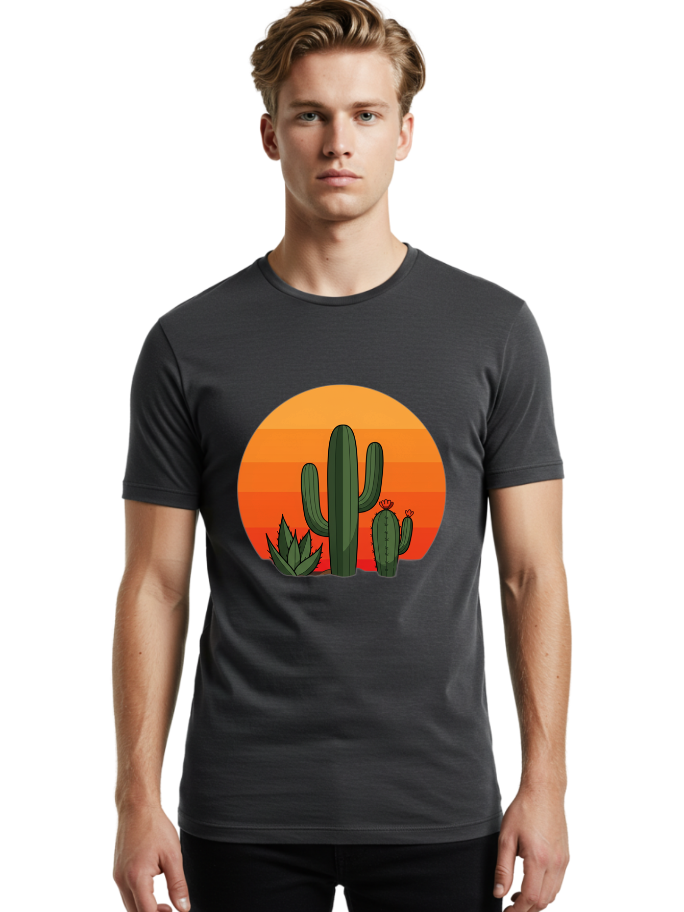 Cactus-Sunset Men'S Graphic Tee, 100% Cotton, Comfortable Casual Summer Wear, Machine Washable, Desert Landscape, Cacti And Succulents, Orange Sunset, Vibrant Colors, Desert Plants, Serene Atmosphere, Southwest Scenery, Natural Beauty Bac757
