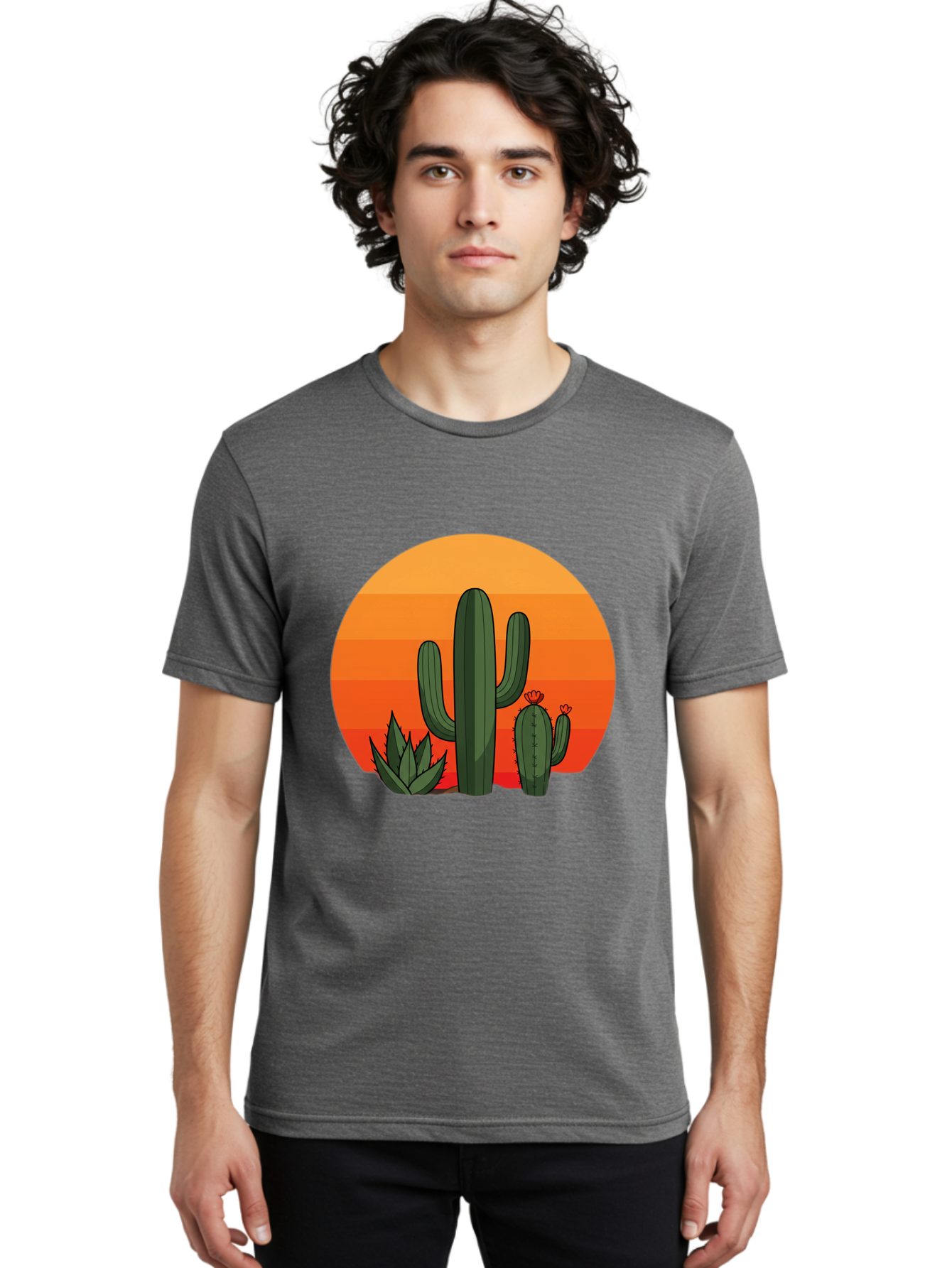 Cactus-Sunset Men'S Graphic Tee, 100% Cotton, Comfortable Casual Summer Wear, Machine Washable, Desert Landscape, Cacti And Succulents, Orange Sunset, Vibrant Colors, Desert Plants, Serene Atmosphere, Southwest Scenery, Natural Beauty Bac757