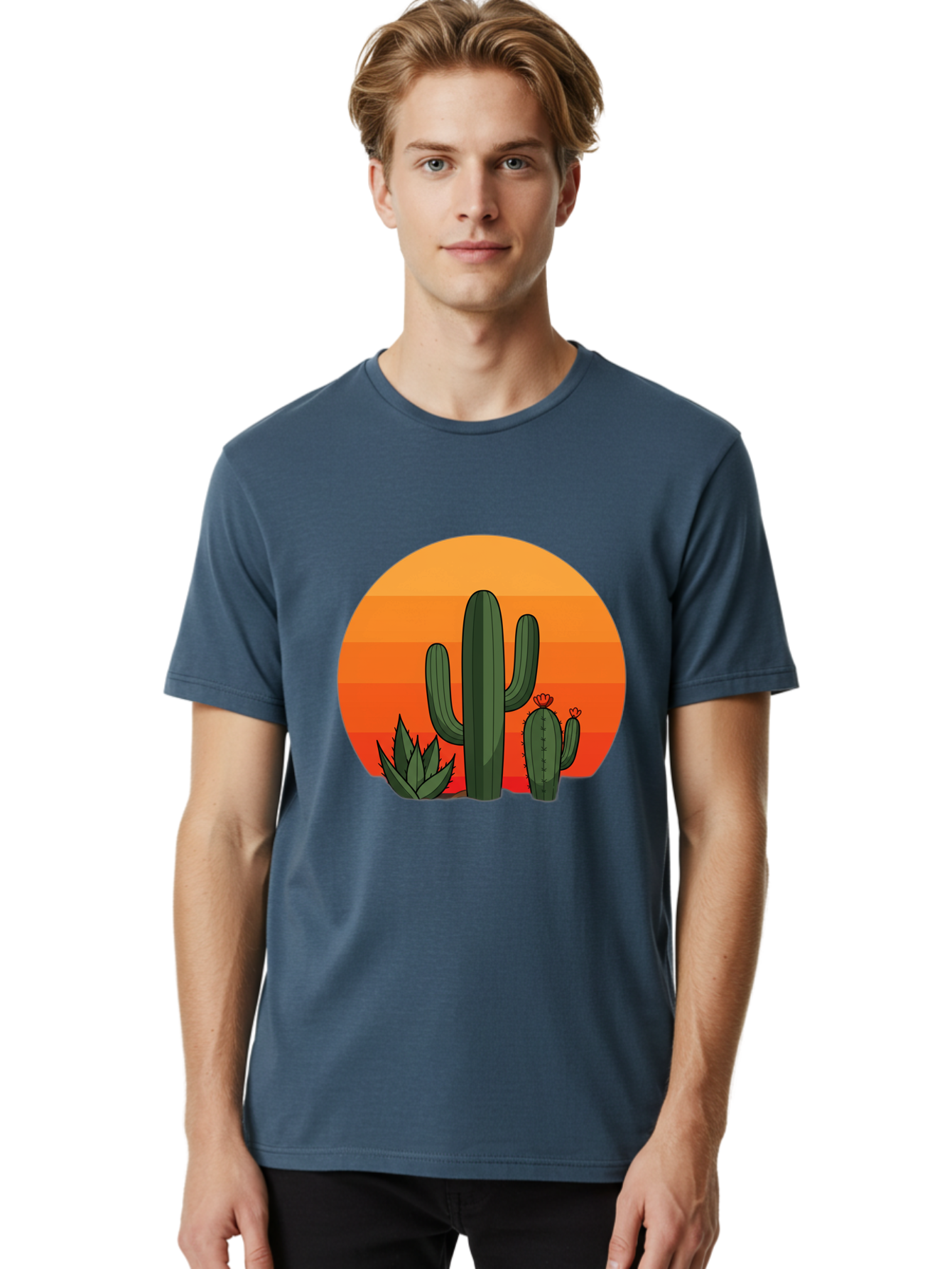 Cactus-Sunset Men'S Graphic Tee, 100% Cotton, Comfortable Casual Summer Wear, Machine Washable, Desert Landscape, Cacti And Succulents, Orange Sunset, Vibrant Colors, Desert Plants, Serene Atmosphere, Southwest Scenery, Natural Beauty Bac757