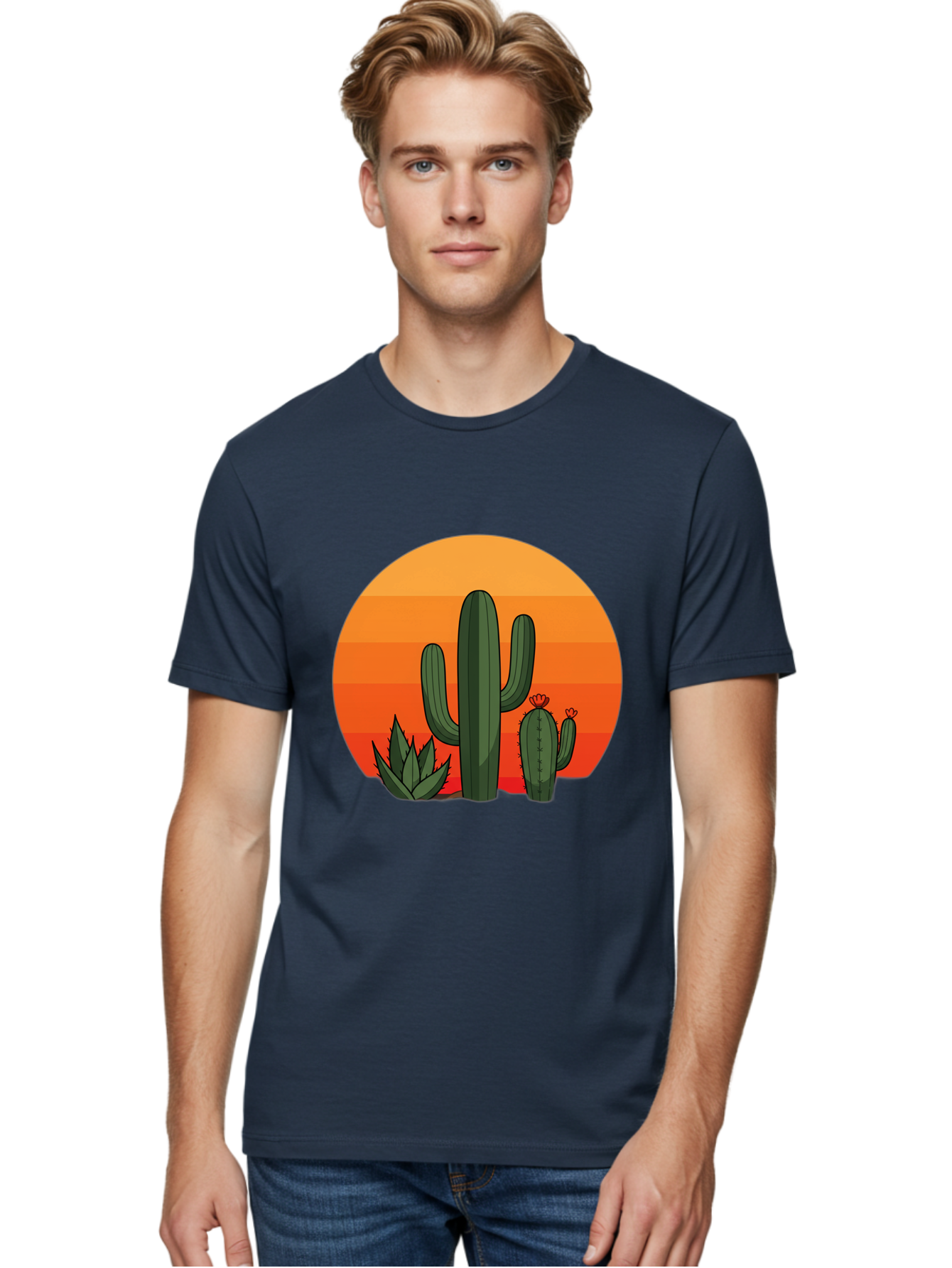 Cactus-Sunset Men'S Graphic Tee, 100% Cotton, Comfortable Casual Summer Wear, Machine Washable, Desert Landscape, Cacti And Succulents, Orange Sunset, Vibrant Colors, Desert Plants, Serene Atmosphere, Southwest Scenery, Natural Beauty Bac757
