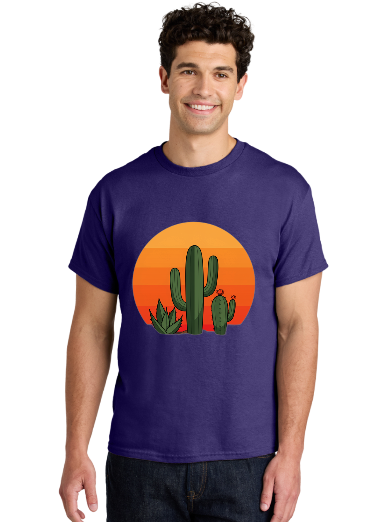 Cactus-Sunset Men'S Graphic Tee, 100% Cotton, Comfortable Casual Summer Wear, Machine Washable, Desert Landscape, Cacti And Succulents, Orange Sunset, Vibrant Colors, Desert Plants, Serene Atmosphere, Southwest Scenery, Natural Beauty Bac757