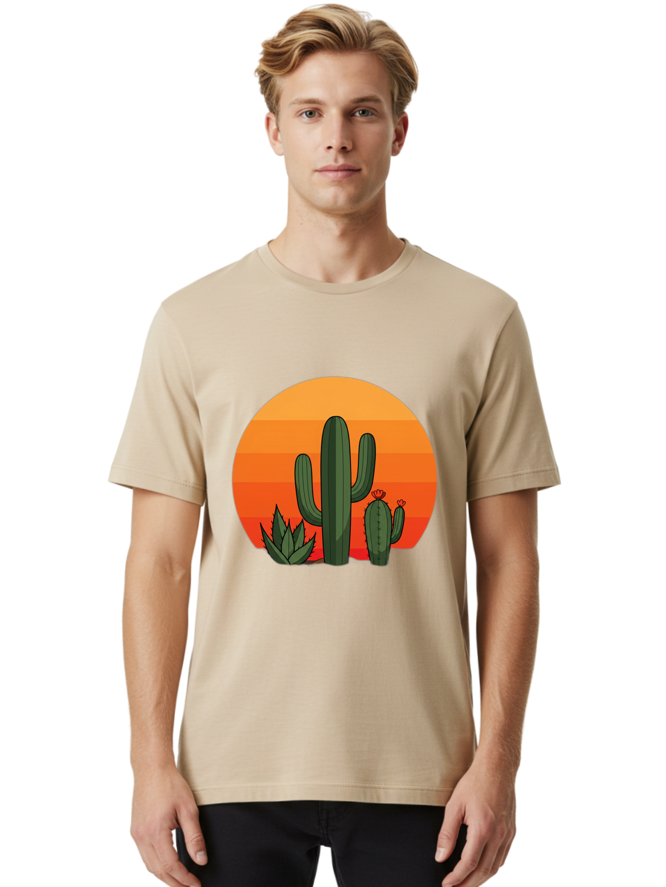 Cactus-Sunset Men'S Graphic Tee, 100% Cotton, Comfortable Casual Summer Wear, Machine Washable, Desert Landscape, Cacti And Succulents, Orange Sunset, Vibrant Colors, Desert Plants, Serene Atmosphere, Southwest Scenery, Natural Beauty Bac757