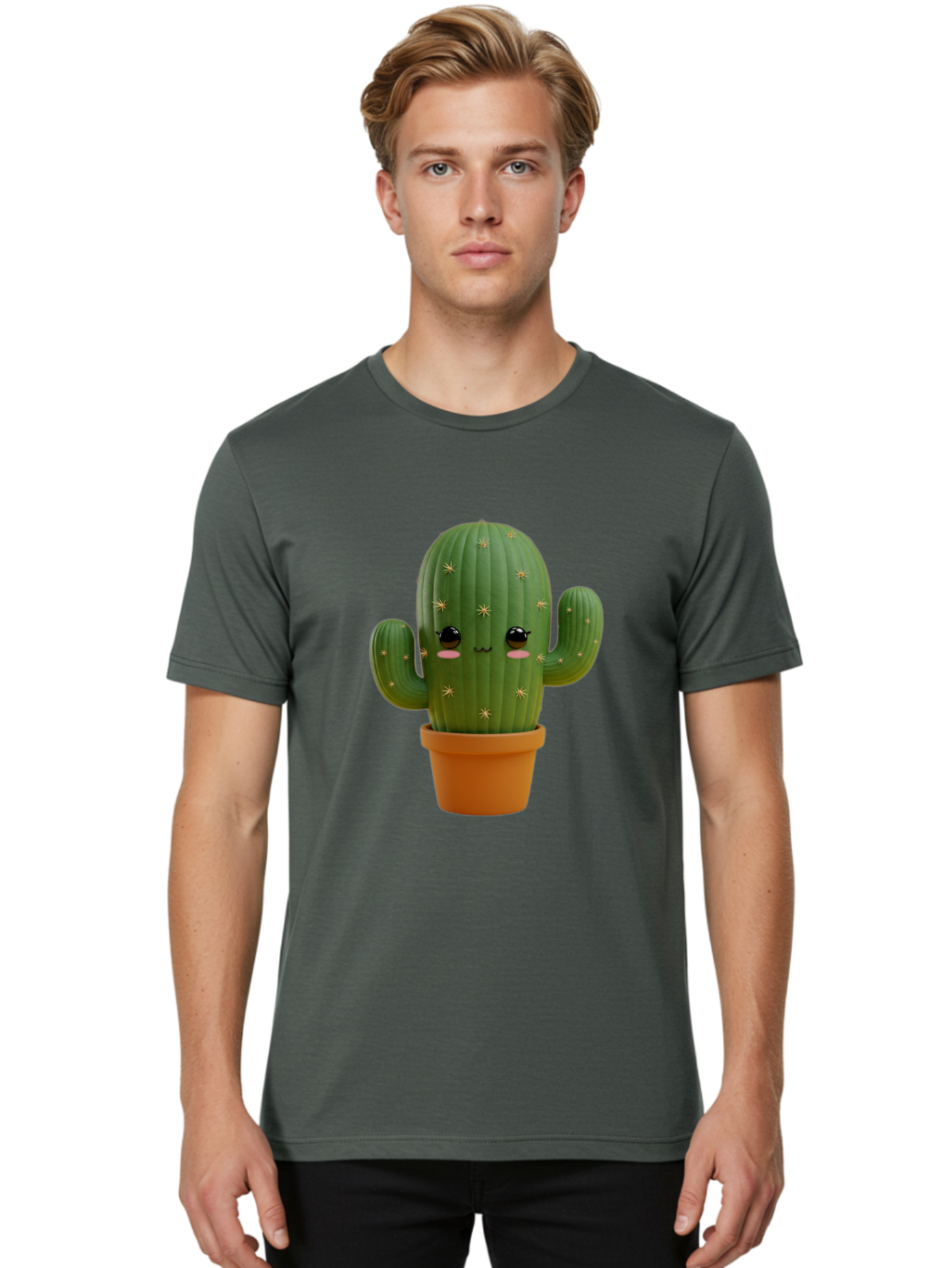 Cactus-With-Face Men'S Graphic Tee, 100% Cotton, Comfortable Casual Summer Wear, Machine Washable, Cartoon Cactus, Potted Plant, Cute Desert Plant, Kawaii Cactus, Smiling Face, Yellow Stars, Terracotta Pot, Adorable Home Decor Bac759