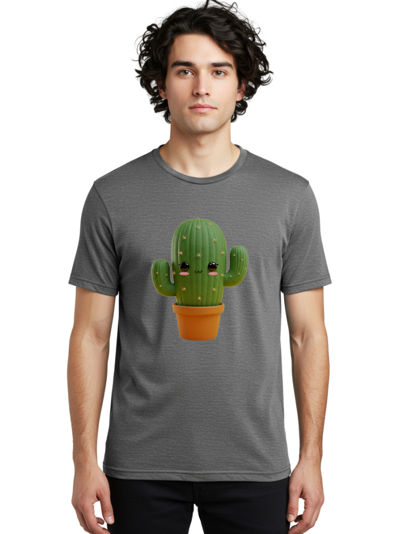 Cactus-With-Face Men'S Graphic Tee, 100% Cotton, Comfortable Casual Summer Wear, Machine Washable, Cartoon Cactus, Potted Plant, Cute Desert Plant, Kawaii Cactus, Smiling Face, Yellow Stars, Terracotta Pot, Adorable Home Decor Bac759