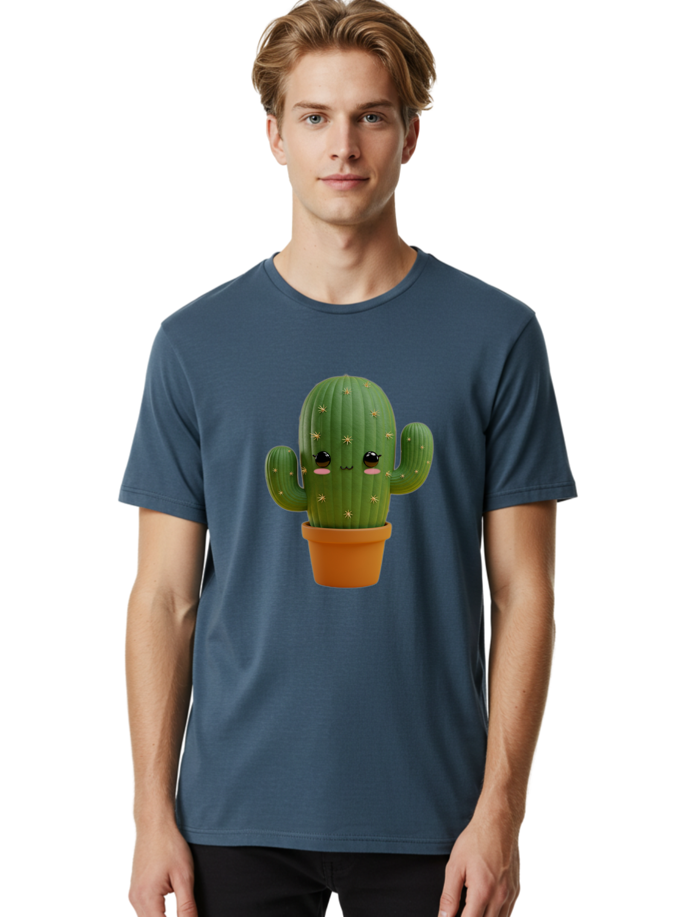 Cactus-With-Face Men'S Graphic Tee, 100% Cotton, Comfortable Casual Summer Wear, Machine Washable, Cartoon Cactus, Potted Plant, Cute Desert Plant, Kawaii Cactus, Smiling Face, Yellow Stars, Terracotta Pot, Adorable Home Decor Bac759