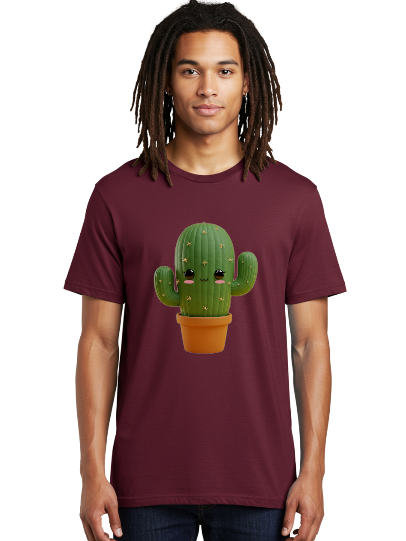Cactus-With-Face Men'S Graphic Tee, 100% Cotton, Comfortable Casual Summer Wear, Machine Washable, Cartoon Cactus, Potted Plant, Cute Desert Plant, Kawaii Cactus, Smiling Face, Yellow Stars, Terracotta Pot, Adorable Home Decor Bac759