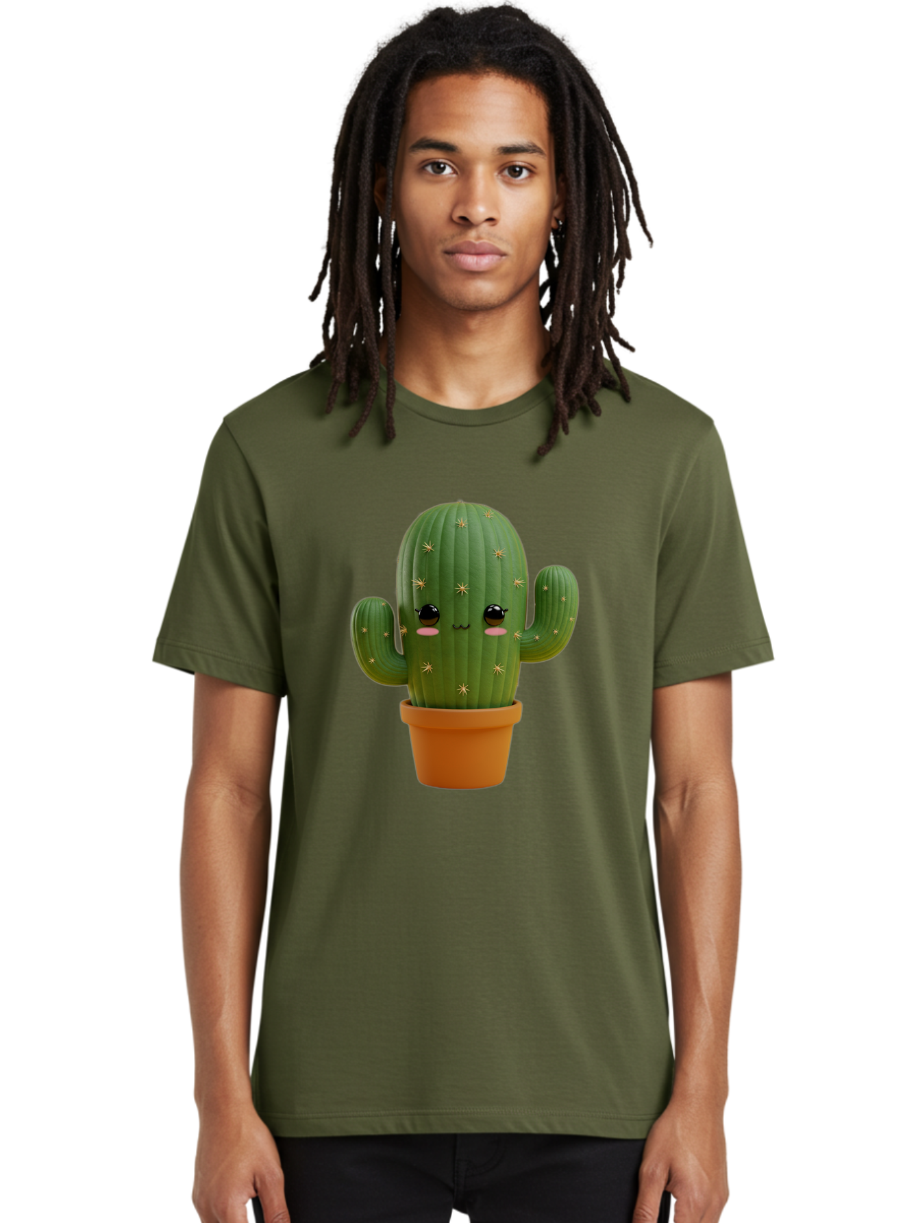Cactus-With-Face Men'S Graphic Tee, 100% Cotton, Comfortable Casual Summer Wear, Machine Washable, Cartoon Cactus, Potted Plant, Cute Desert Plant, Kawaii Cactus, Smiling Face, Yellow Stars, Terracotta Pot, Adorable Home Decor Bac759
