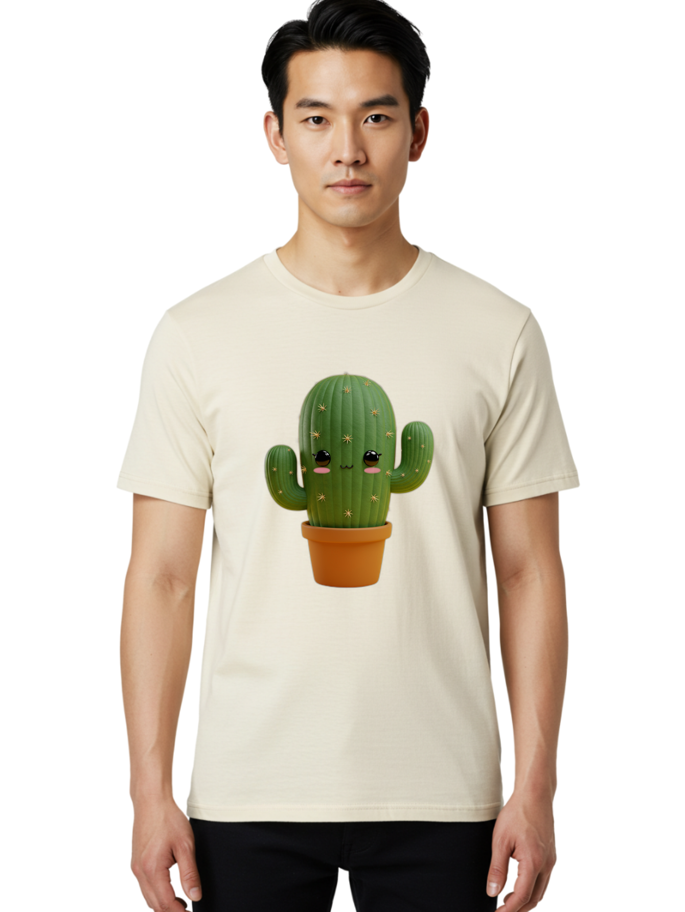 Cactus-With-Face Men'S Graphic Tee, 100% Cotton, Comfortable Casual Summer Wear, Machine Washable, Cartoon Cactus, Potted Plant, Cute Desert Plant, Kawaii Cactus, Smiling Face, Yellow Stars, Terracotta Pot, Adorable Home Decor Bac759