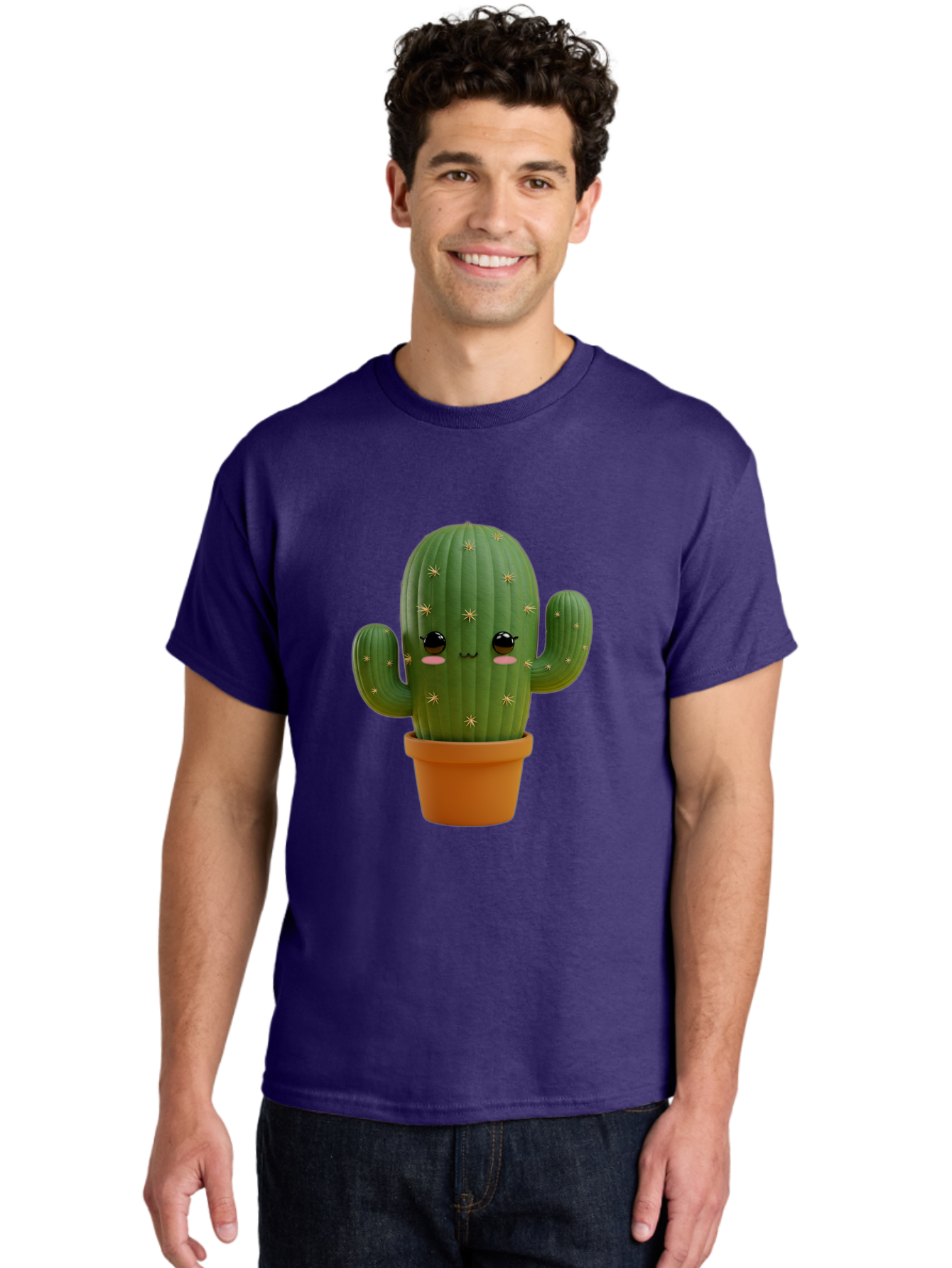 Cactus-With-Face Men'S Graphic Tee, 100% Cotton, Comfortable Casual Summer Wear, Machine Washable, Cartoon Cactus, Potted Plant, Cute Desert Plant, Kawaii Cactus, Smiling Face, Yellow Stars, Terracotta Pot, Adorable Home Decor Bac759