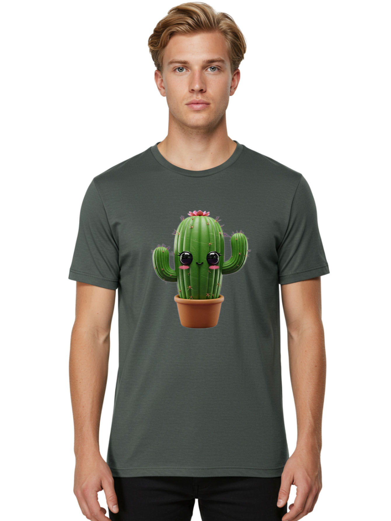 Cactus-With-Pink-Flower-1 Men'S Graphic Tee, 100% Cotton, Comfortable Casual Summer Wear, Machine Washable, Cartoon Cactus, Potted Cactus, Cute Cactus, Cactus With Flower, Smiling Cactus, Adorable Plant, Desert Plant, Succulent, Bac760