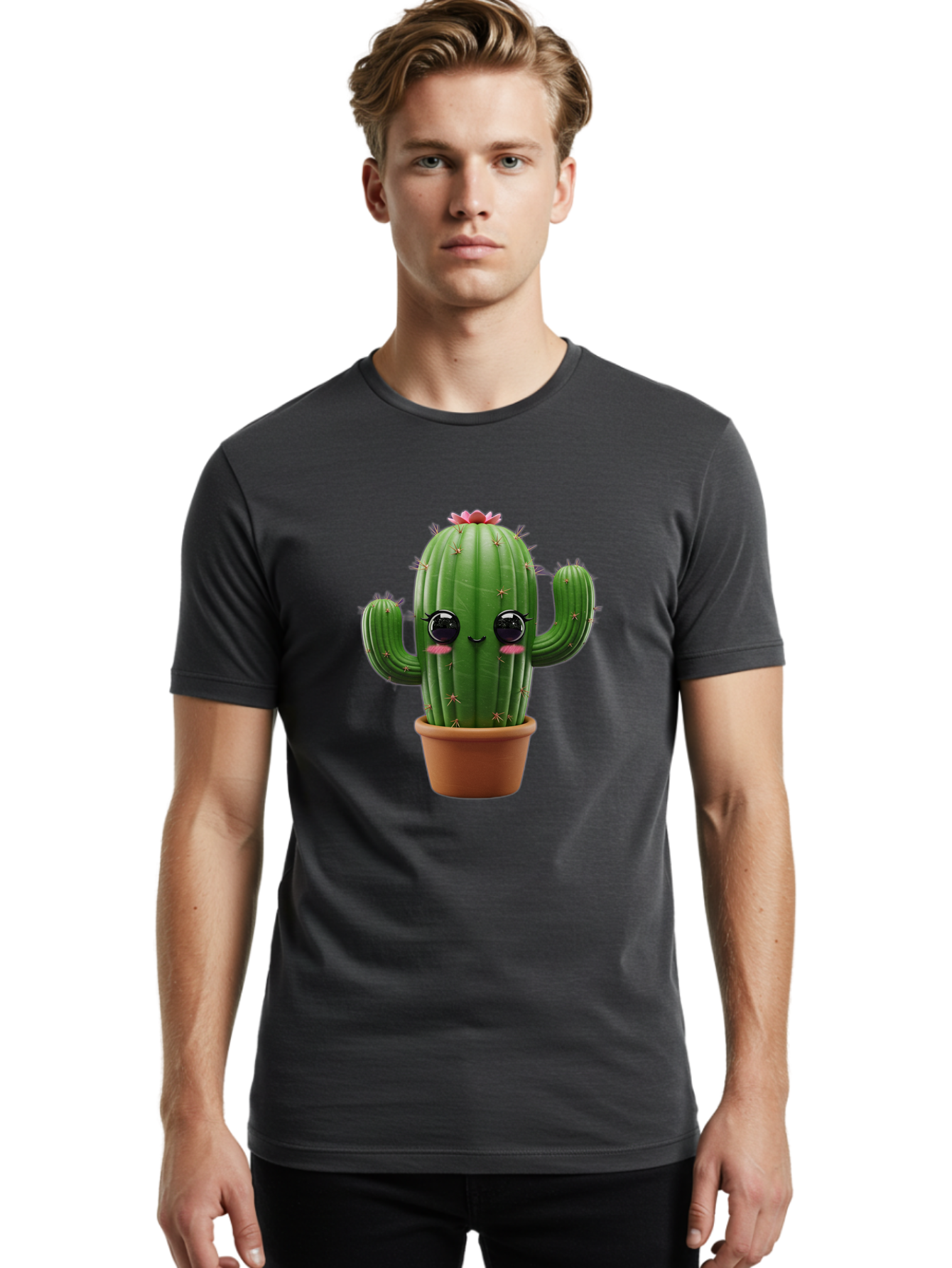 Cactus-With-Pink-Flower-1 Men'S Graphic Tee, 100% Cotton, Comfortable Casual Summer Wear, Machine Washable, Cartoon Cactus, Potted Cactus, Cute Cactus, Cactus With Flower, Smiling Cactus, Adorable Plant, Desert Plant, Succulent, Bac760