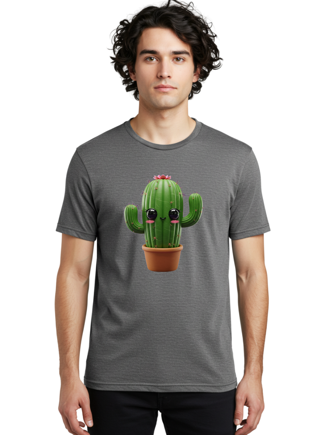 Cactus-With-Pink-Flower-1 Men'S Graphic Tee, 100% Cotton, Comfortable Casual Summer Wear, Machine Washable, Cartoon Cactus, Potted Cactus, Cute Cactus, Cactus With Flower, Smiling Cactus, Adorable Plant, Desert Plant, Succulent, Bac760