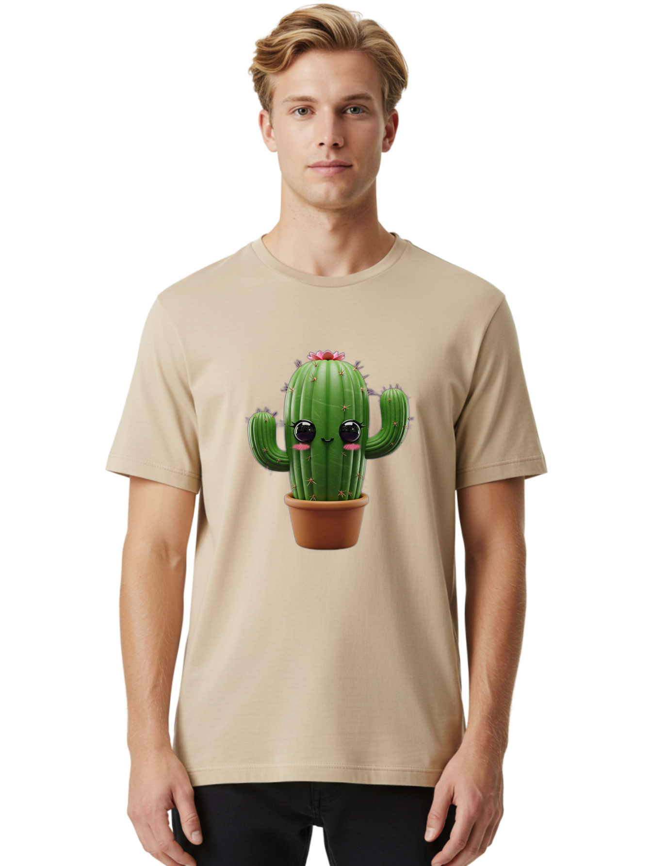 Cactus-With-Pink-Flower-1 Men'S Graphic Tee, 100% Cotton, Comfortable Casual Summer Wear, Machine Washable, Cartoon Cactus, Potted Cactus, Cute Cactus, Cactus With Flower, Smiling Cactus, Adorable Plant, Desert Plant, Succulent, Bac760