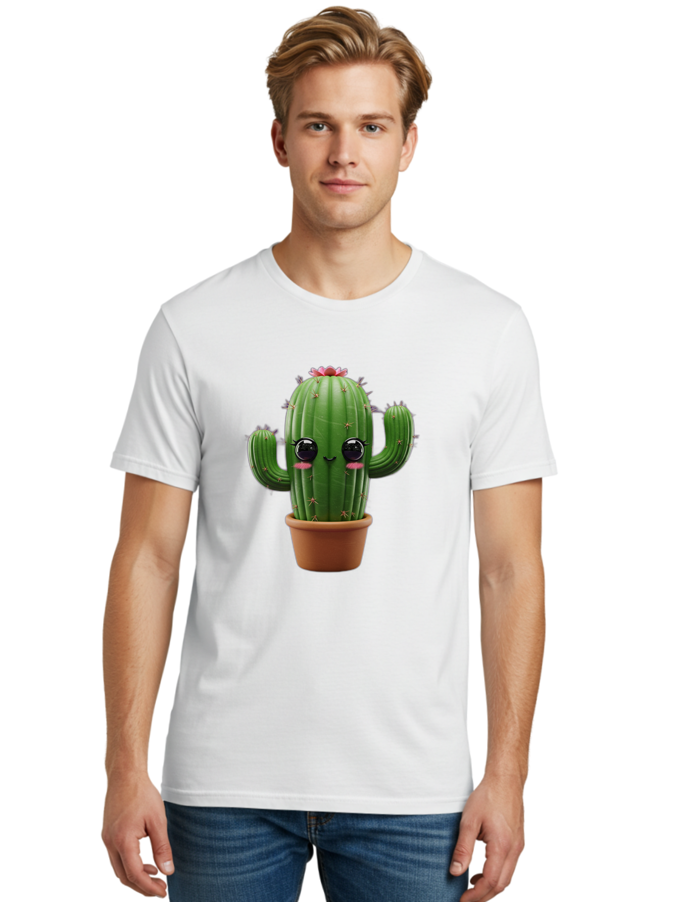 Cactus-With-Pink-Flower-1 Men'S Graphic Tee, 100% Cotton, Comfortable Casual Summer Wear, Machine Washable, Cartoon Cactus, Potted Cactus, Cute Cactus, Cactus With Flower, Smiling Cactus, Adorable Plant, Desert Plant, Succulent, Bac760