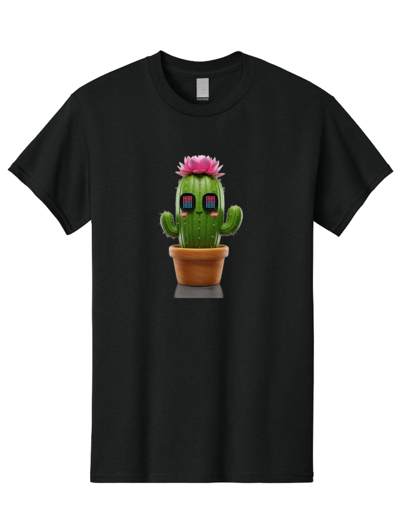 Cactus-With-Pink-Flower-2 Men'S Graphic Tee, 100% Cotton, Comfortable Casual Summer Wear, Machine Washable, Cactus With Digital Eyes, Pink Flower, Terracotta Pot, Futuristic Design, Kawaii Style, Prickly Charm, Unique Decor, Bac761