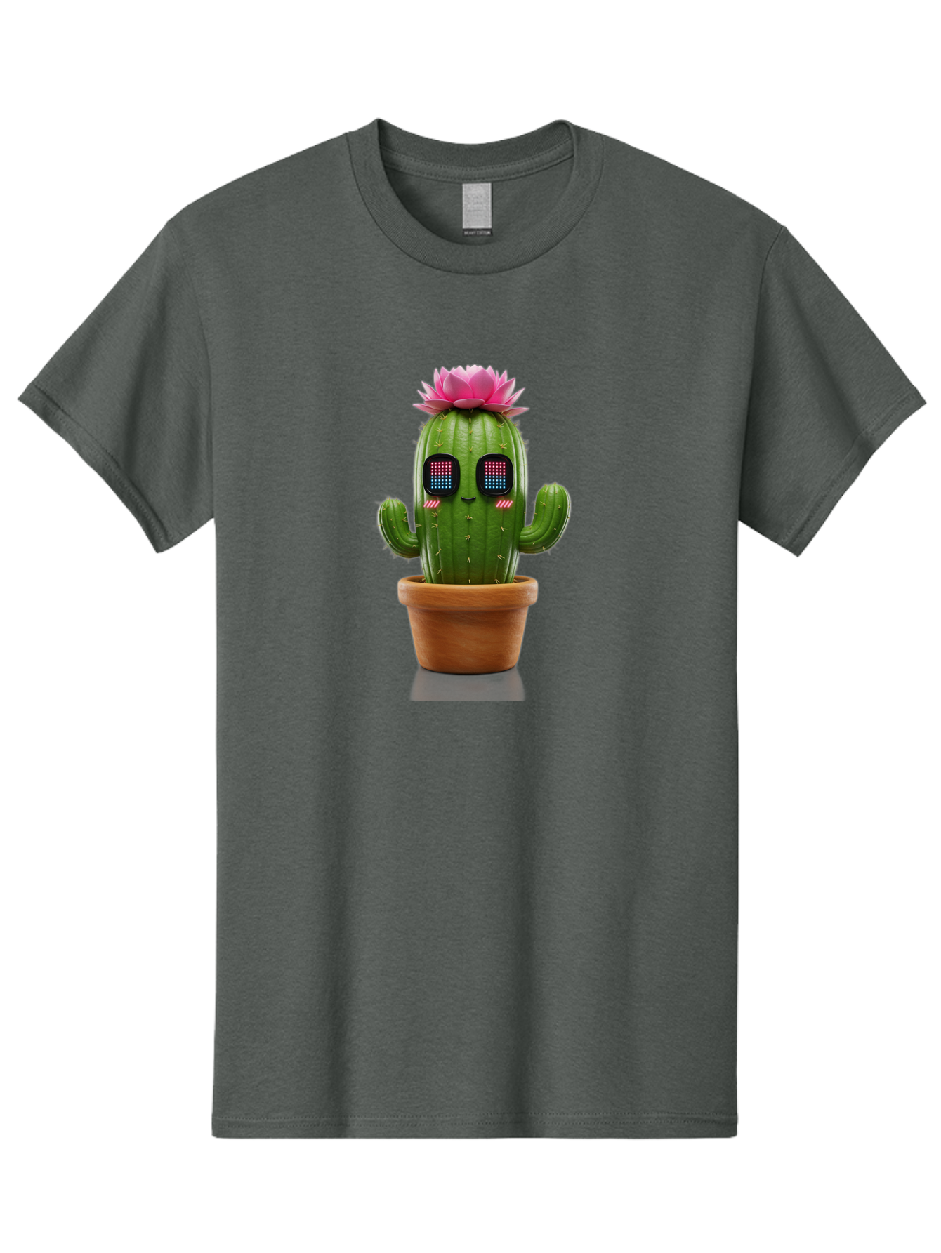 Cactus-With-Pink-Flower-2 Men'S Graphic Tee, 100% Cotton, Comfortable Casual Summer Wear, Machine Washable, Cactus With Digital Eyes, Pink Flower, Terracotta Pot, Futuristic Design, Kawaii Style, Prickly Charm, Unique Decor, Bac761