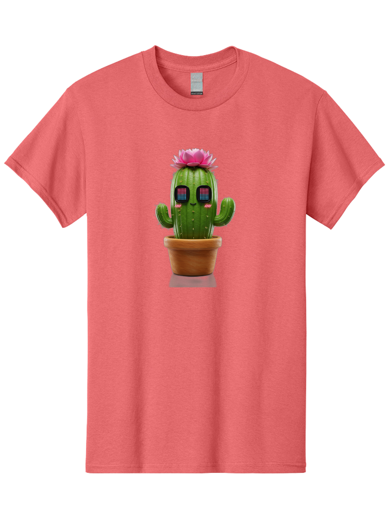 Cactus-With-Pink-Flower-2 Men'S Graphic Tee, 100% Cotton, Comfortable Casual Summer Wear, Machine Washable, Cactus With Digital Eyes, Pink Flower, Terracotta Pot, Futuristic Design, Kawaii Style, Prickly Charm, Unique Decor, Bac761