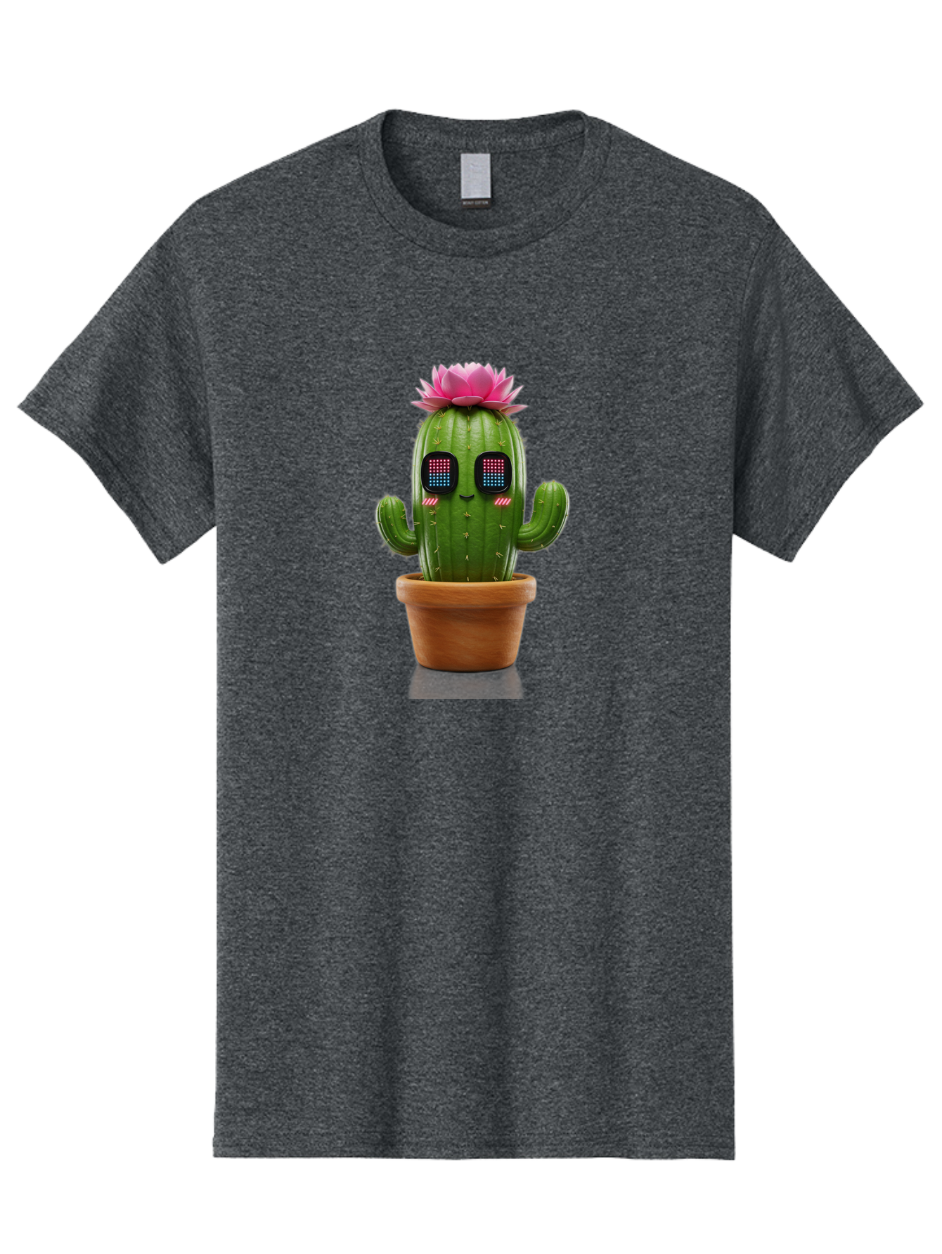 Cactus-With-Pink-Flower-2 Men'S Graphic Tee, 100% Cotton, Comfortable Casual Summer Wear, Machine Washable, Cactus With Digital Eyes, Pink Flower, Terracotta Pot, Futuristic Design, Kawaii Style, Prickly Charm, Unique Decor, Bac761