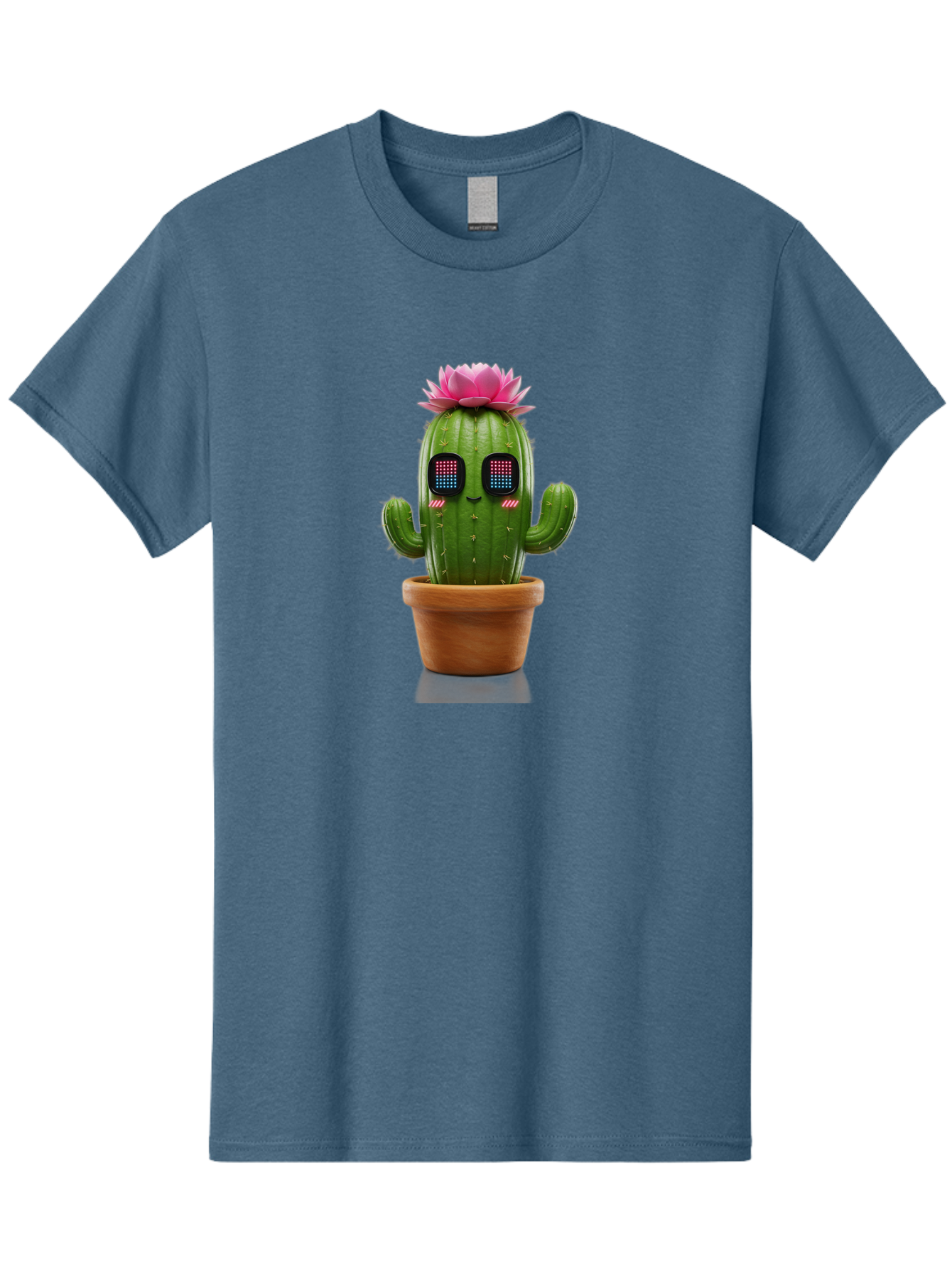 Cactus-With-Pink-Flower-2 Men'S Graphic Tee, 100% Cotton, Comfortable Casual Summer Wear, Machine Washable, Cactus With Digital Eyes, Pink Flower, Terracotta Pot, Futuristic Design, Kawaii Style, Prickly Charm, Unique Decor, Bac761