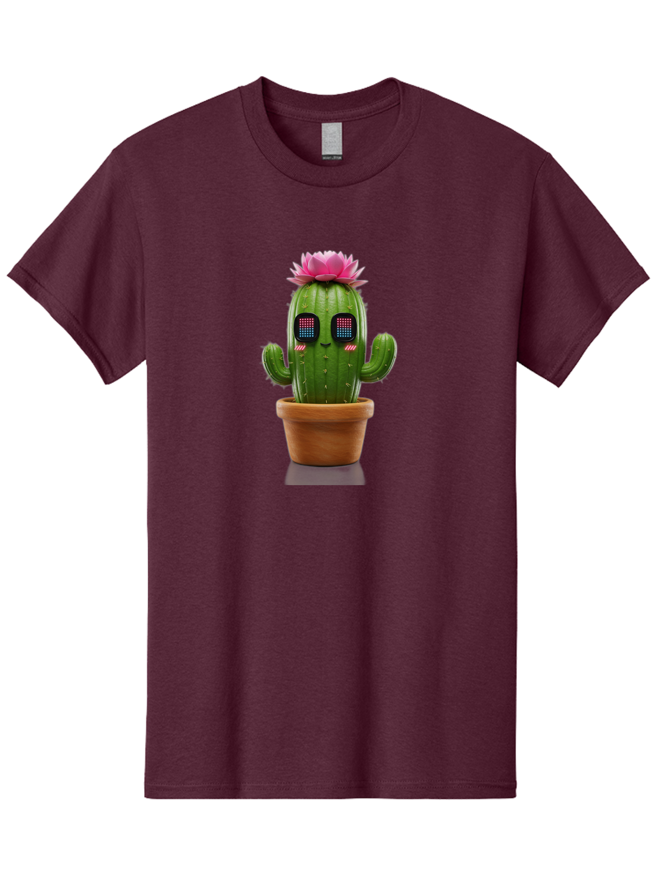 Cactus-With-Pink-Flower-2 Men'S Graphic Tee, 100% Cotton, Comfortable Casual Summer Wear, Machine Washable, Cactus With Digital Eyes, Pink Flower, Terracotta Pot, Futuristic Design, Kawaii Style, Prickly Charm, Unique Decor, Bac761