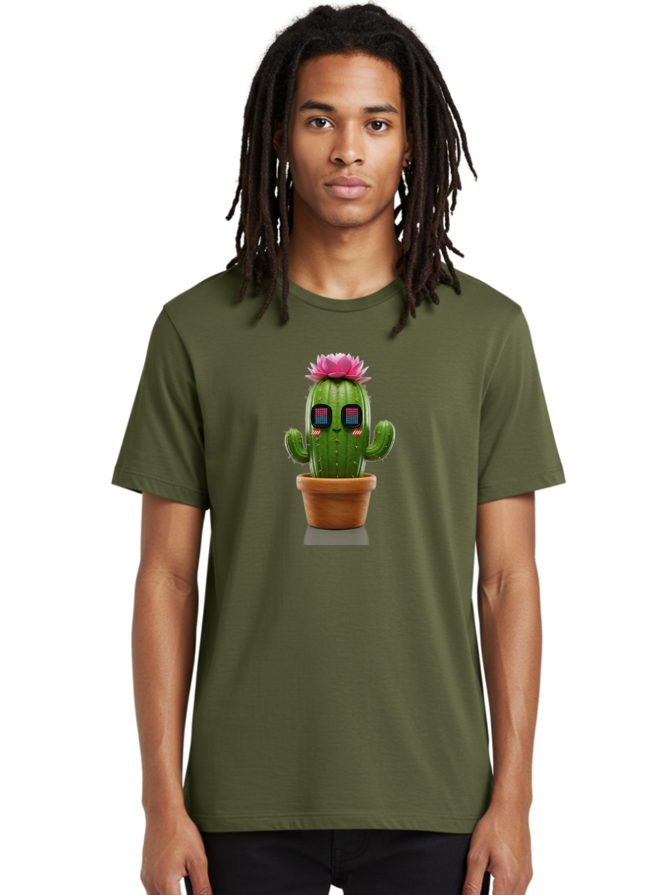 Cactus-With-Pink-Flower-2 Men'S Graphic Tee, 100% Cotton, Comfortable Casual Summer Wear, Machine Washable, Cactus With Digital Eyes, Pink Flower, Terracotta Pot, Futuristic Design, Kawaii Style, Prickly Charm, Unique Decor, Bac761