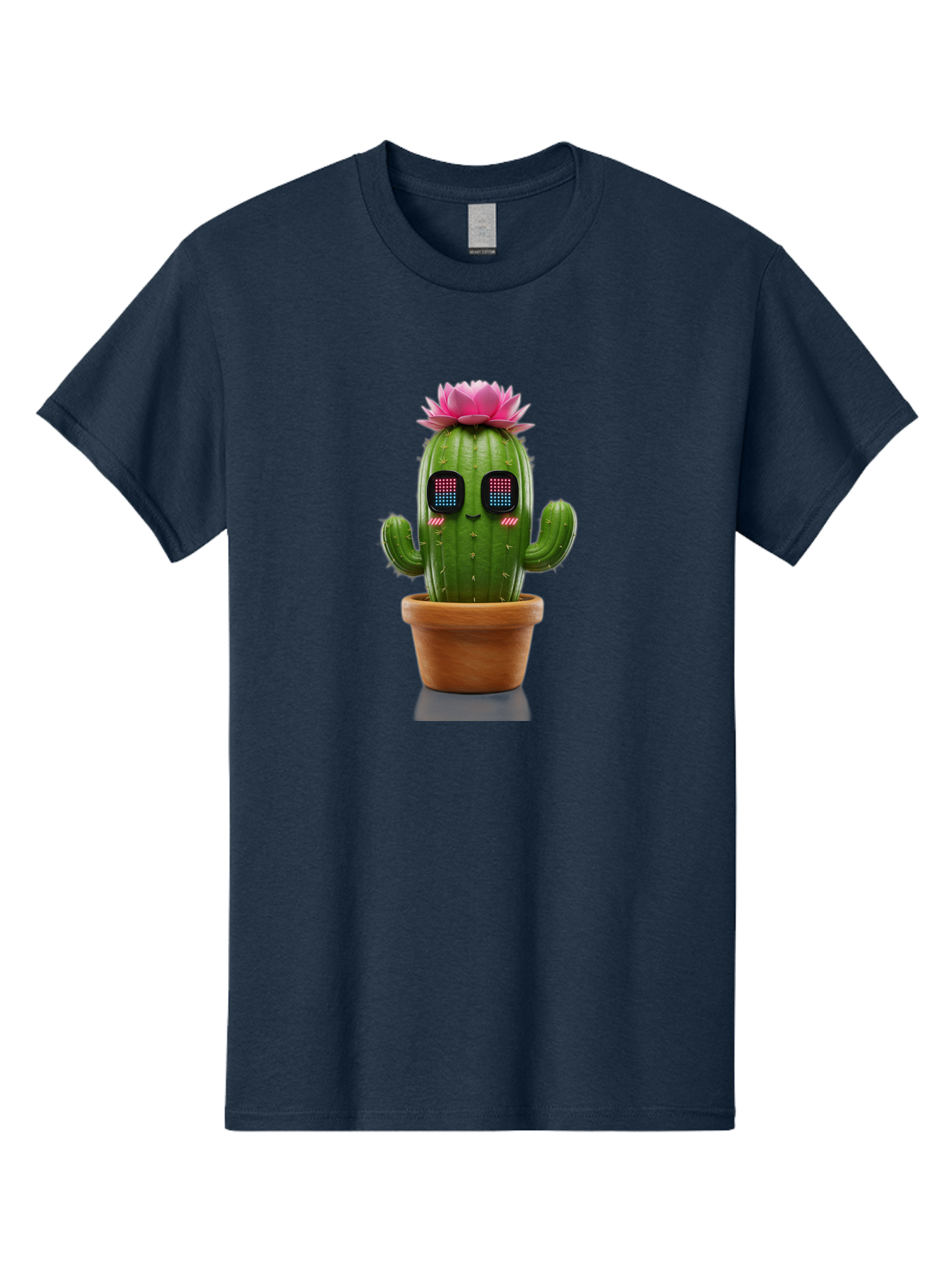 Cactus-With-Pink-Flower-2 Men'S Graphic Tee, 100% Cotton, Comfortable Casual Summer Wear, Machine Washable, Cactus With Digital Eyes, Pink Flower, Terracotta Pot, Futuristic Design, Kawaii Style, Prickly Charm, Unique Decor, Bac761