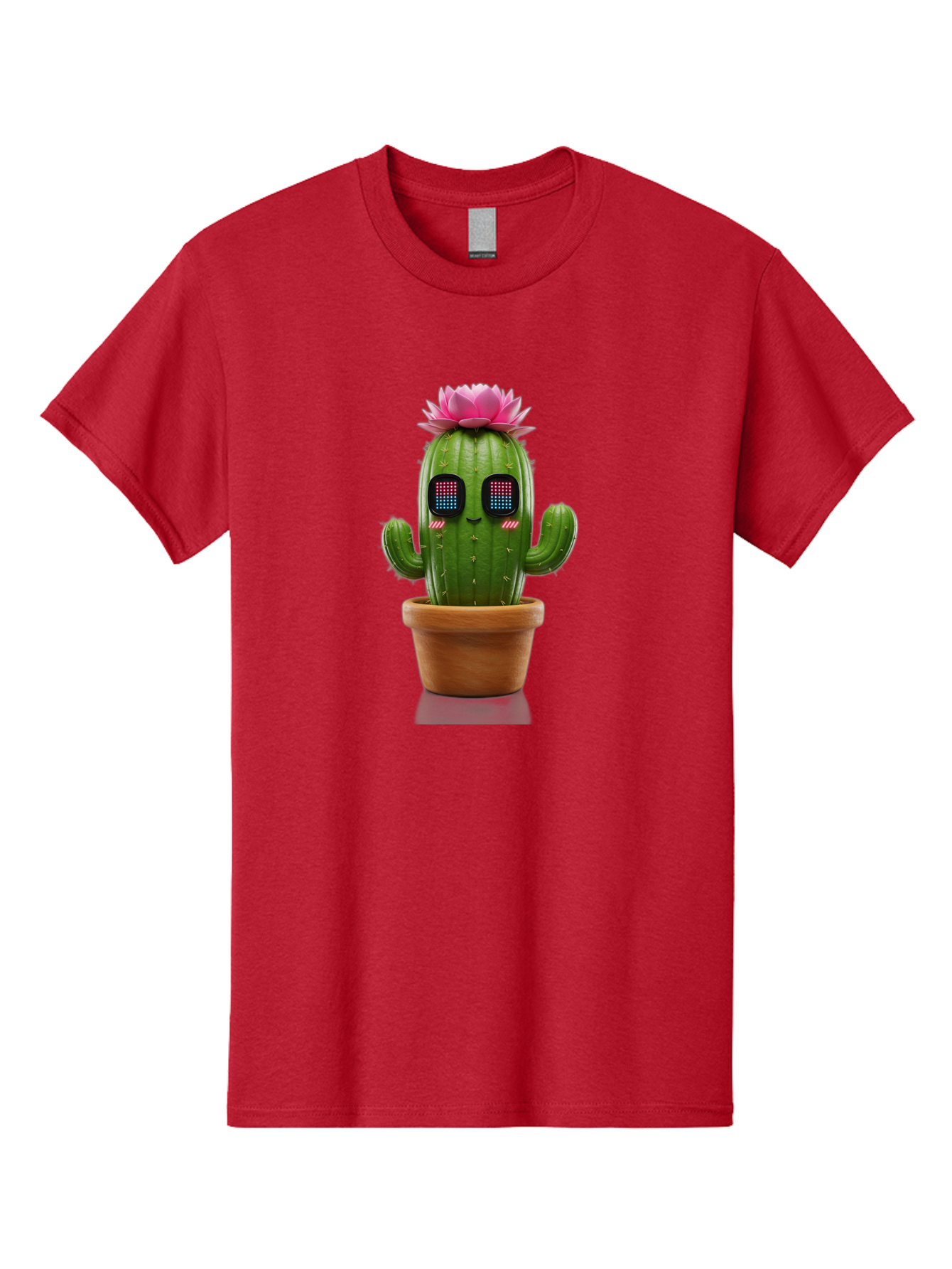 Cactus-With-Pink-Flower-2 Men'S Graphic Tee, 100% Cotton, Comfortable Casual Summer Wear, Machine Washable, Cactus With Digital Eyes, Pink Flower, Terracotta Pot, Futuristic Design, Kawaii Style, Prickly Charm, Unique Decor, Bac761