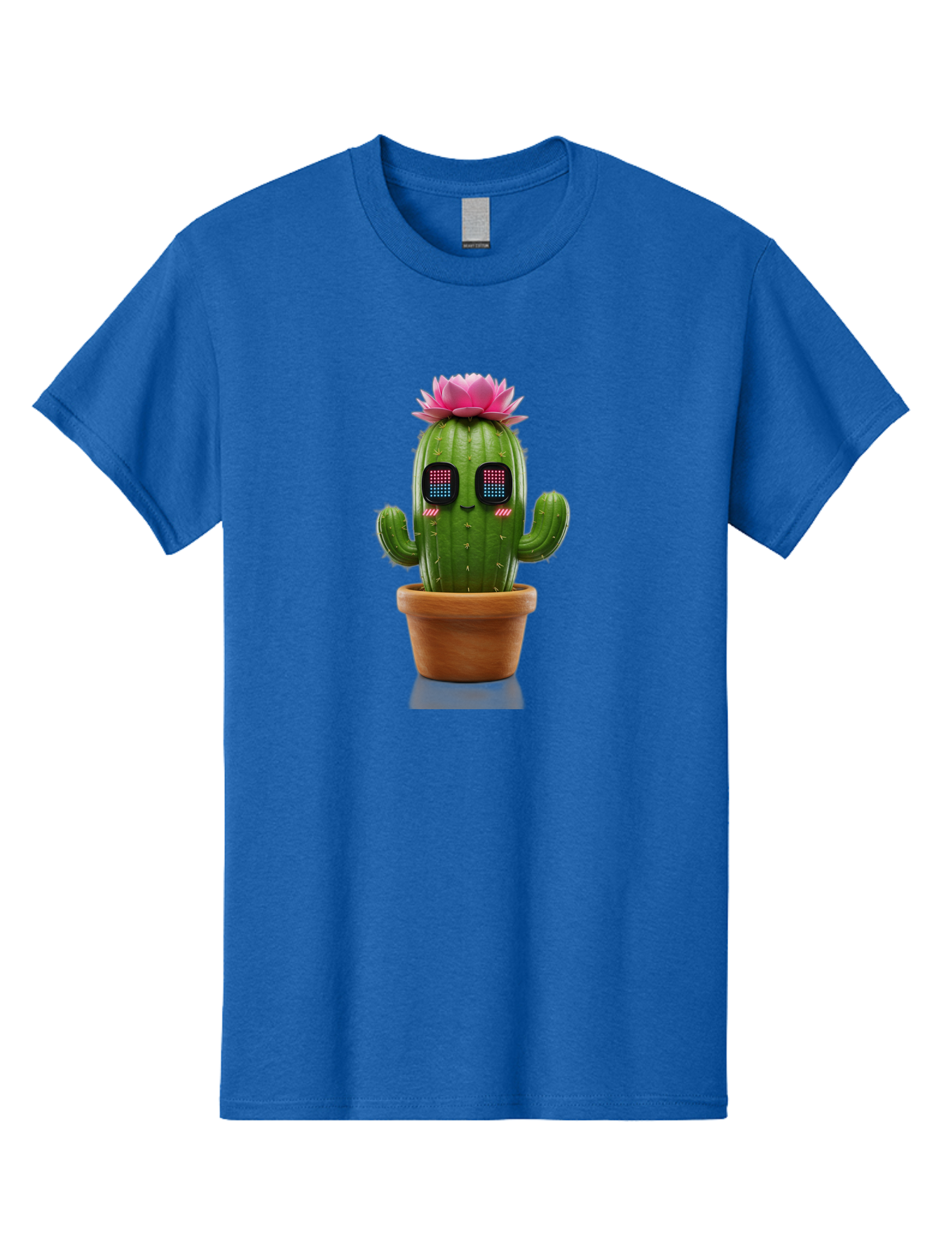 Cactus-With-Pink-Flower-2 Men'S Graphic Tee, 100% Cotton, Comfortable Casual Summer Wear, Machine Washable, Cactus With Digital Eyes, Pink Flower, Terracotta Pot, Futuristic Design, Kawaii Style, Prickly Charm, Unique Decor, Bac761