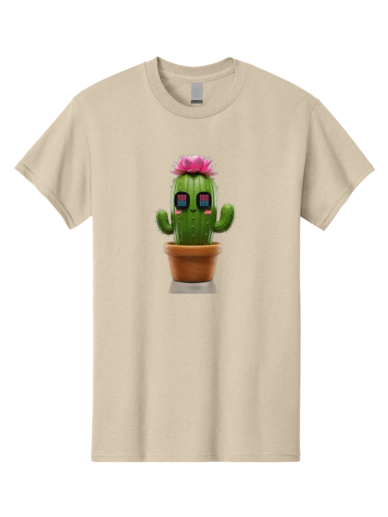 Cactus-With-Pink-Flower-2 Men'S Graphic Tee, 100% Cotton, Comfortable Casual Summer Wear, Machine Washable, Cactus With Digital Eyes, Pink Flower, Terracotta Pot, Futuristic Design, Kawaii Style, Prickly Charm, Unique Decor, Bac761