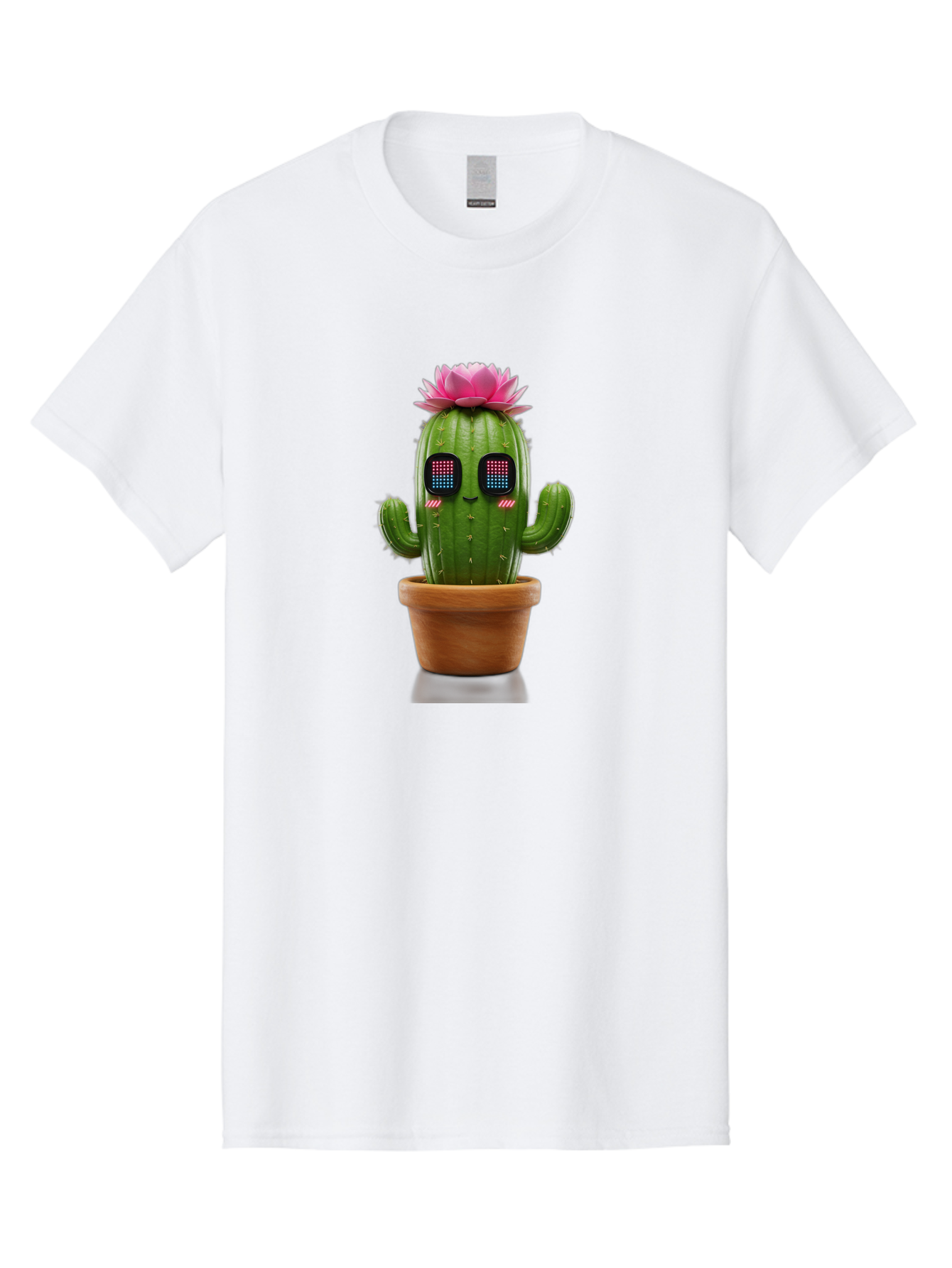 Cactus-With-Pink-Flower-2 Men'S Graphic Tee, 100% Cotton, Comfortable Casual Summer Wear, Machine Washable, Cactus With Digital Eyes, Pink Flower, Terracotta Pot, Futuristic Design, Kawaii Style, Prickly Charm, Unique Decor, Bac761