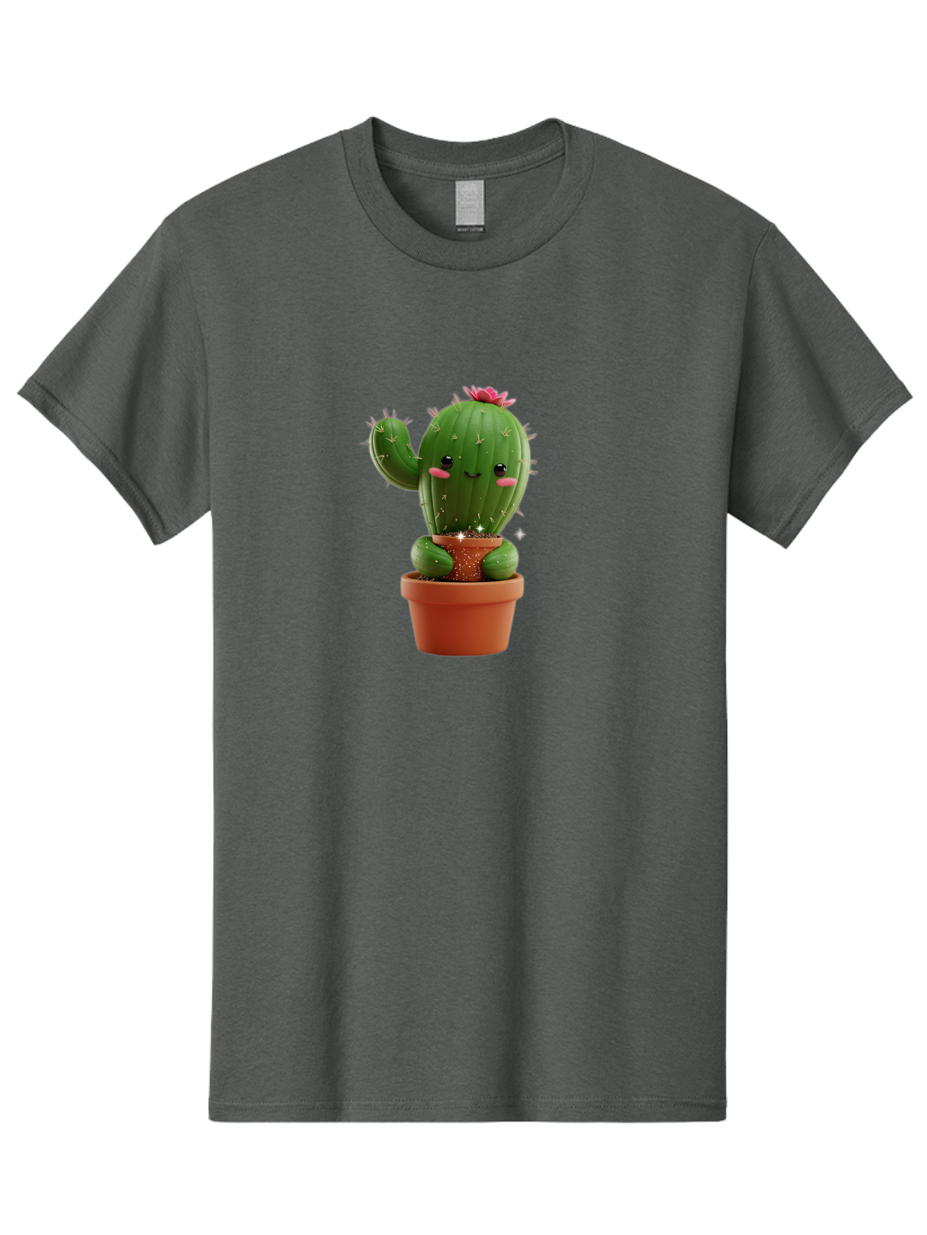Cactus-With-Pink-Flower Men'S Graphic Tee, 100% Cotton, Comfortable Casual Summer Wear, Machine Washable, Smiling Cactus, Potted Cactus, Cartoon Cactus, Lovely Cactus, Cactus In Pot, Succulent Plant, Cute Character, Kawaii Cactus, Bac762
