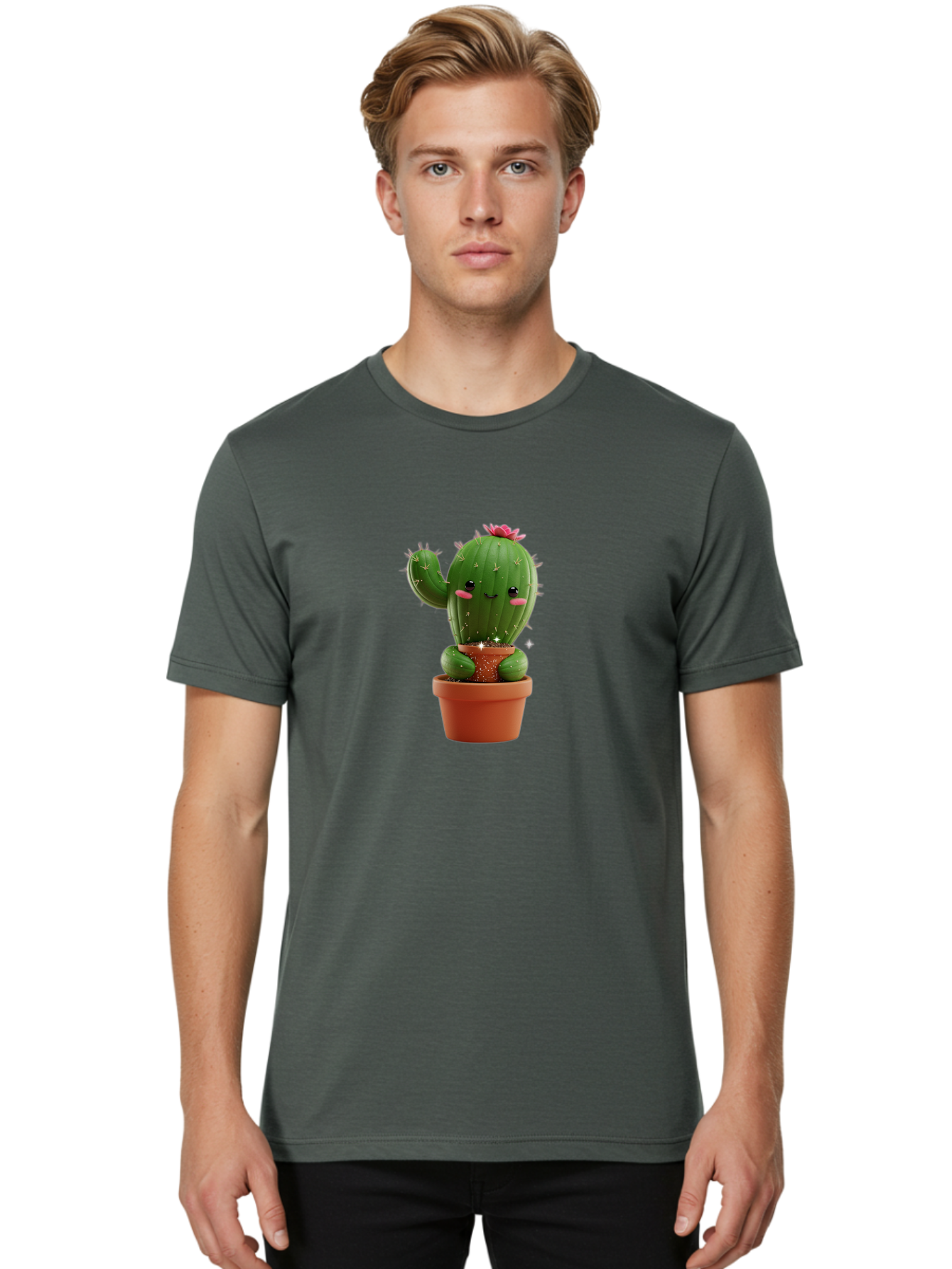 Cactus-With-Pink-Flower Men'S Graphic Tee, 100% Cotton, Comfortable Casual Summer Wear, Machine Washable, Smiling Cactus, Potted Cactus, Cartoon Cactus, Lovely Cactus, Cactus In Pot, Succulent Plant, Cute Character, Kawaii Cactus, Bac762