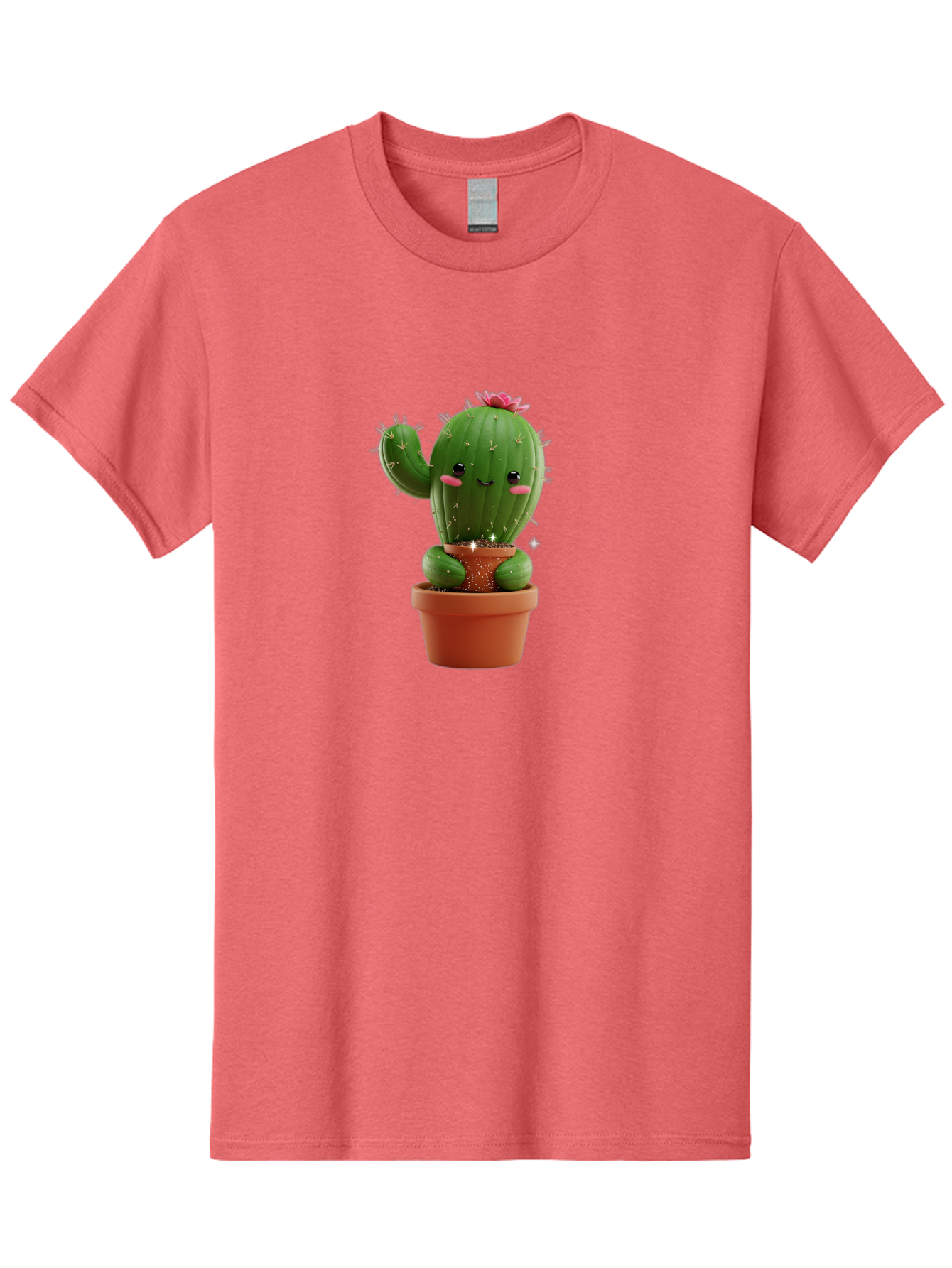 Cactus-With-Pink-Flower Men'S Graphic Tee, 100% Cotton, Comfortable Casual Summer Wear, Machine Washable, Smiling Cactus, Potted Cactus, Cartoon Cactus, Lovely Cactus, Cactus In Pot, Succulent Plant, Cute Character, Kawaii Cactus, Bac762