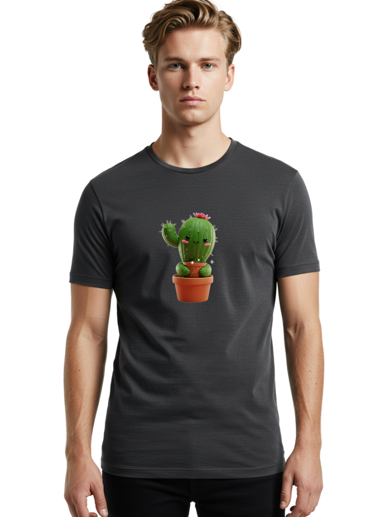 Cactus-With-Pink-Flower Men'S Graphic Tee, 100% Cotton, Comfortable Casual Summer Wear, Machine Washable, Smiling Cactus, Potted Cactus, Cartoon Cactus, Lovely Cactus, Cactus In Pot, Succulent Plant, Cute Character, Kawaii Cactus, Bac762