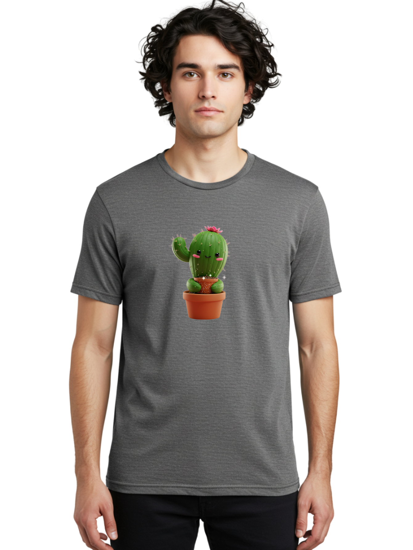 Cactus-With-Pink-Flower Men'S Graphic Tee, 100% Cotton, Comfortable Casual Summer Wear, Machine Washable, Smiling Cactus, Potted Cactus, Cartoon Cactus, Lovely Cactus, Cactus In Pot, Succulent Plant, Cute Character, Kawaii Cactus, Bac762