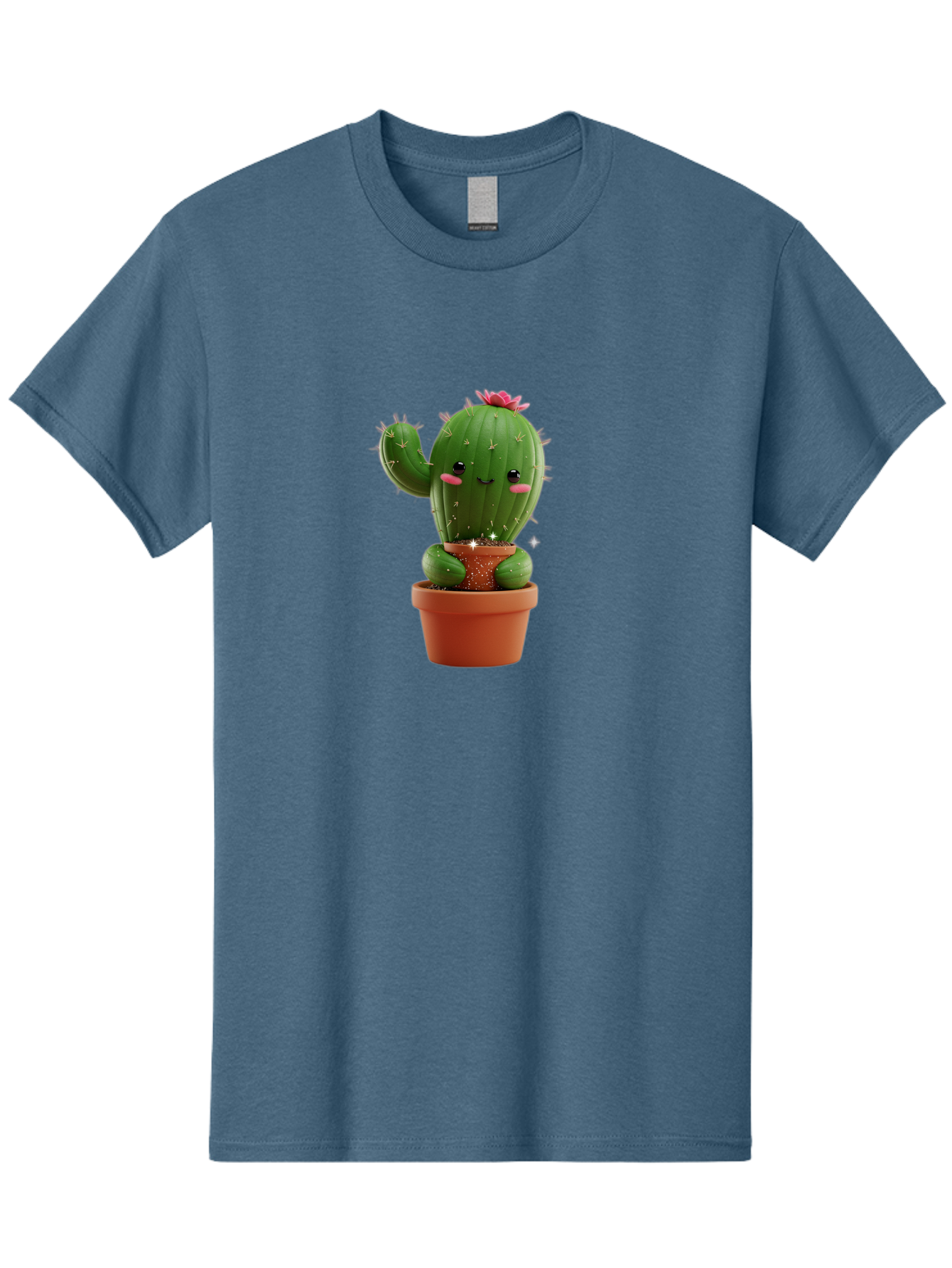 Cactus-With-Pink-Flower Men'S Graphic Tee, 100% Cotton, Comfortable Casual Summer Wear, Machine Washable, Smiling Cactus, Potted Cactus, Cartoon Cactus, Lovely Cactus, Cactus In Pot, Succulent Plant, Cute Character, Kawaii Cactus, Bac762