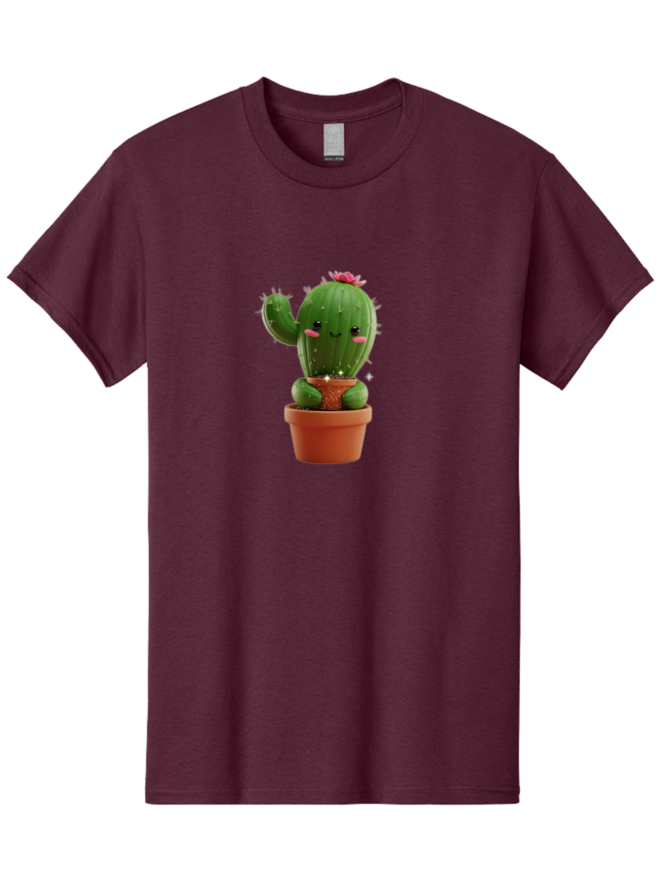 Cactus-With-Pink-Flower Men'S Graphic Tee, 100% Cotton, Comfortable Casual Summer Wear, Machine Washable, Smiling Cactus, Potted Cactus, Cartoon Cactus, Lovely Cactus, Cactus In Pot, Succulent Plant, Cute Character, Kawaii Cactus, Bac762