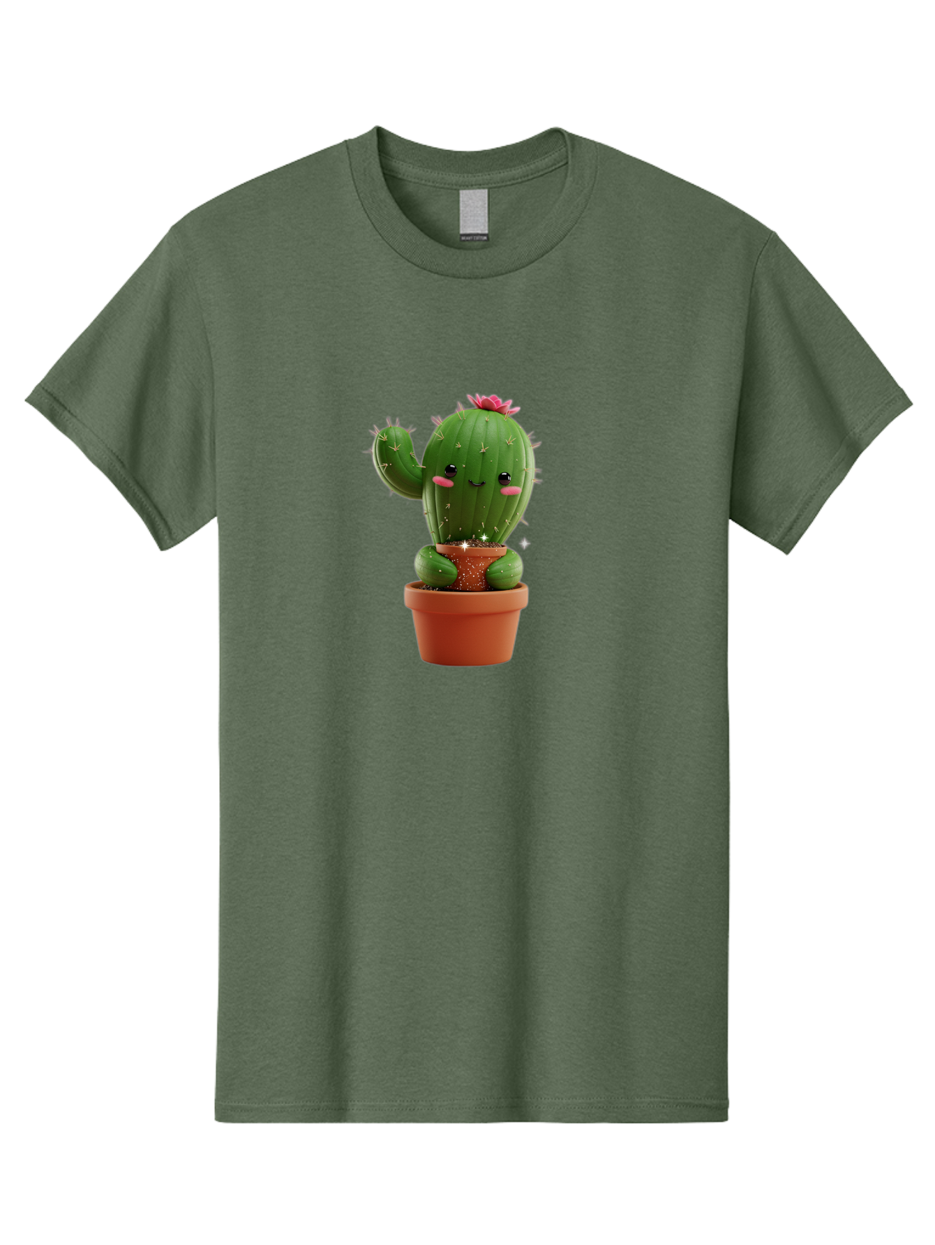 Cactus-With-Pink-Flower Men'S Graphic Tee, 100% Cotton, Comfortable Casual Summer Wear, Machine Washable, Smiling Cactus, Potted Cactus, Cartoon Cactus, Lovely Cactus, Cactus In Pot, Succulent Plant, Cute Character, Kawaii Cactus, Bac762
